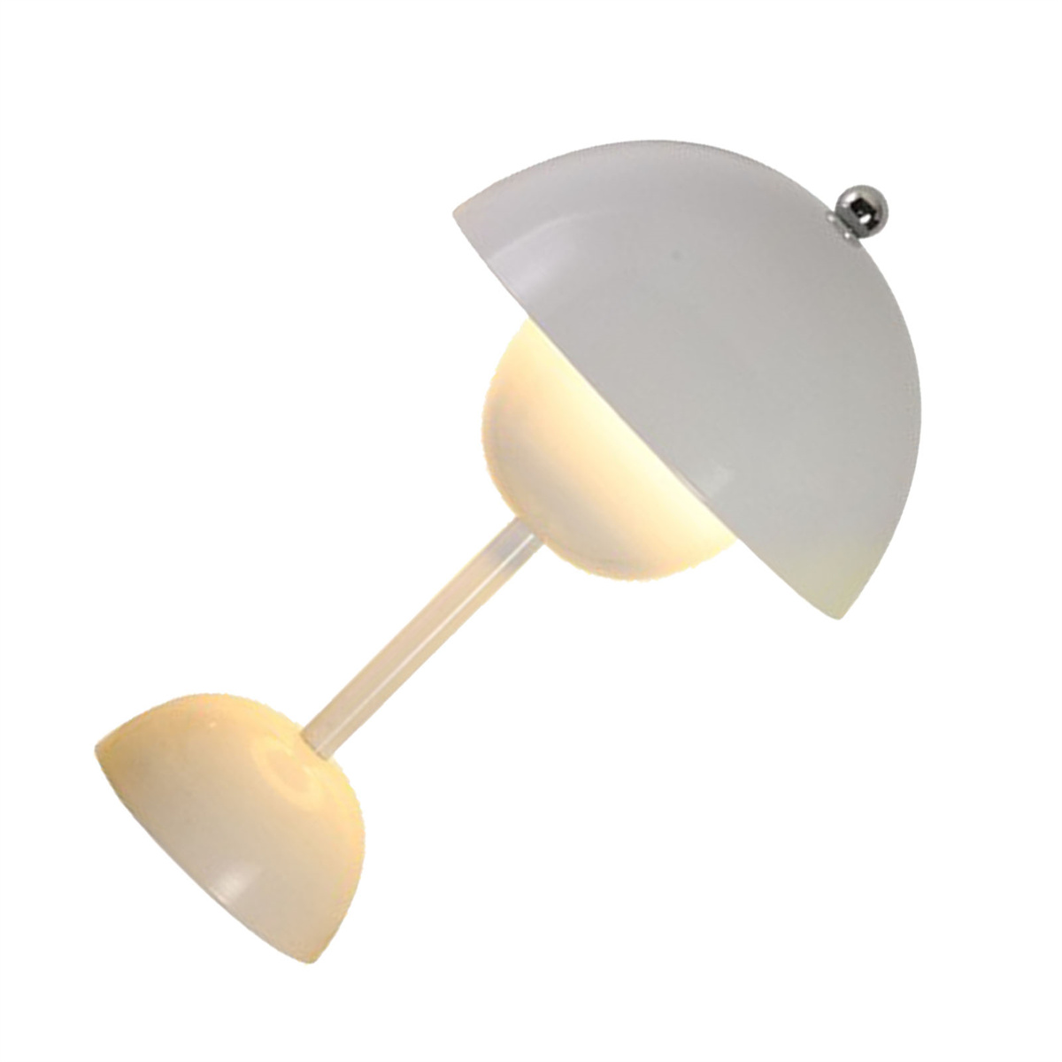 Eine moderne, weiß-beige Schreibtischlampe mit rundem Fuß, langem Stiel und geschwungenem Schirm.