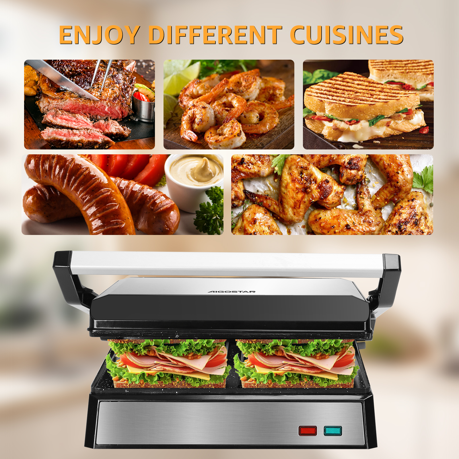 Parrilla con sándwiches y fotos de comida. Muestra sándwiches, bistec, camarones, alitas y salchichas.