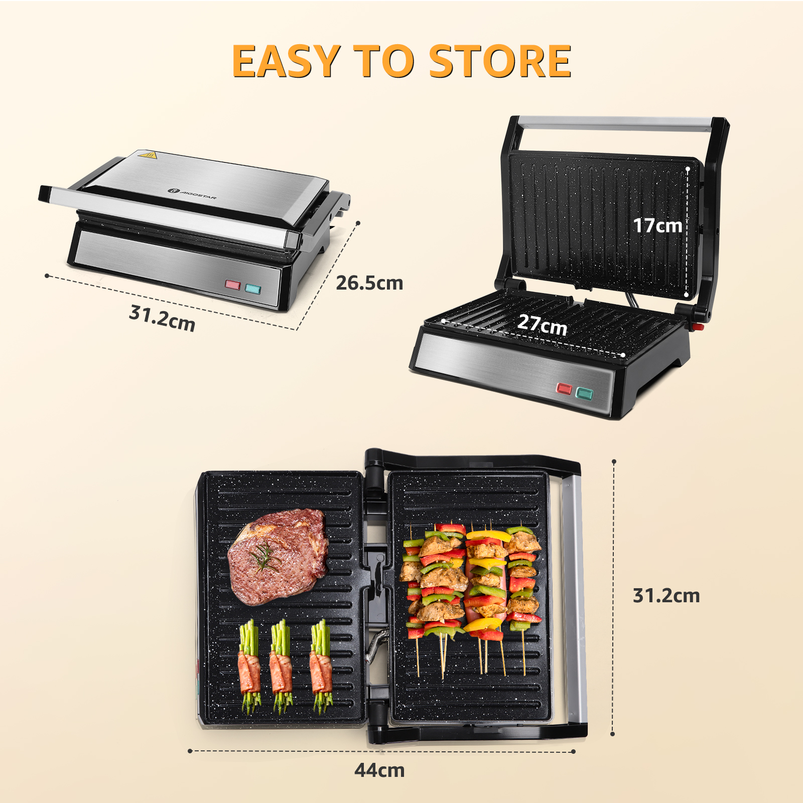 Parrilla que muestra las dimensiones. Abierta, cerrada y con comida. Plata y negro.
