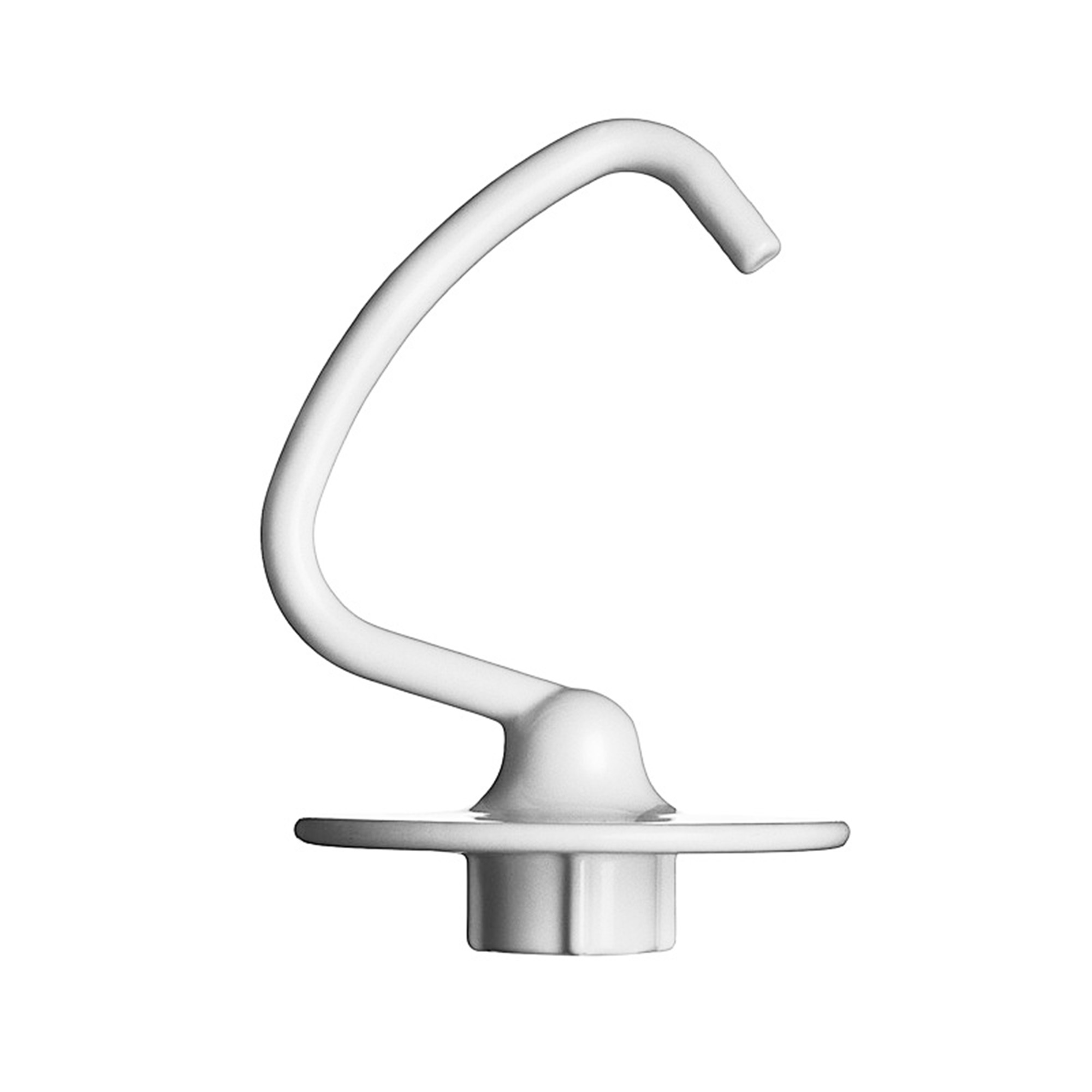 Biała przystawka do miksera, zakrzywiony hak, z płaską podstawą, odizolowana.