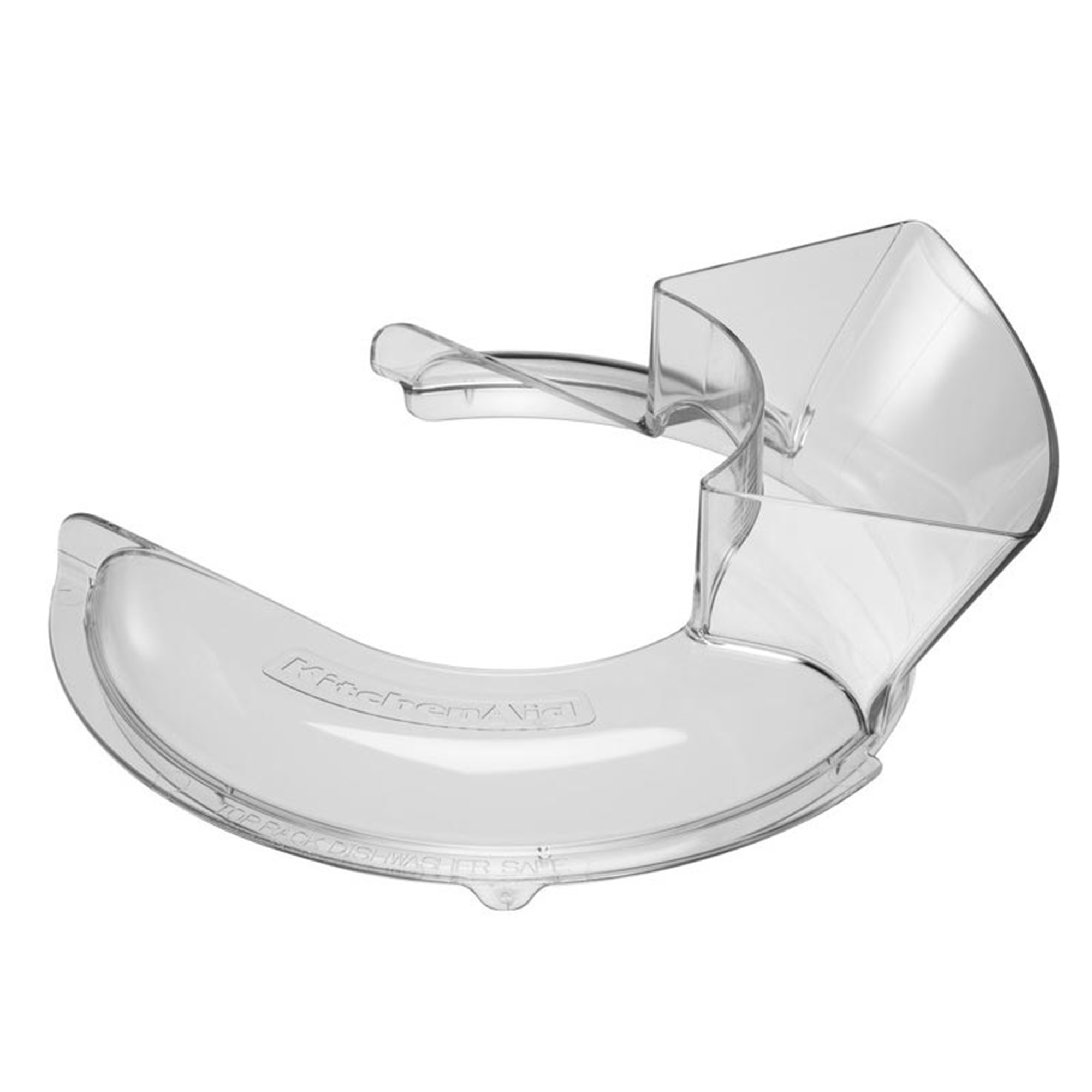 Şeffaf plastik KitchenAid parçası. Kavisli tasarım, metinli. Beyaz arka plan.