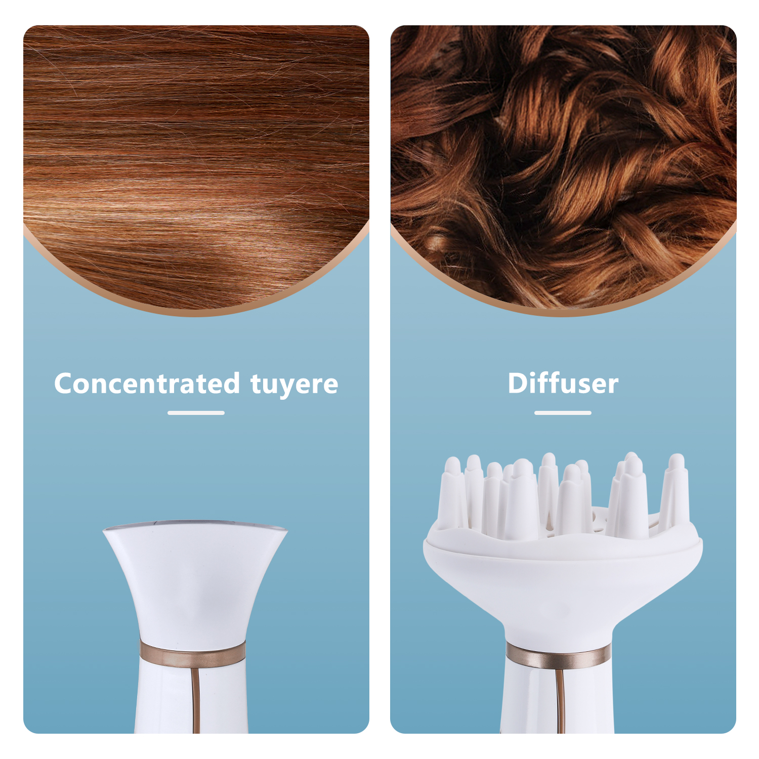 Dos imágenes: una de pelo liso y otra de pelo rizado. Debajo, accesorios de secador de pelo.