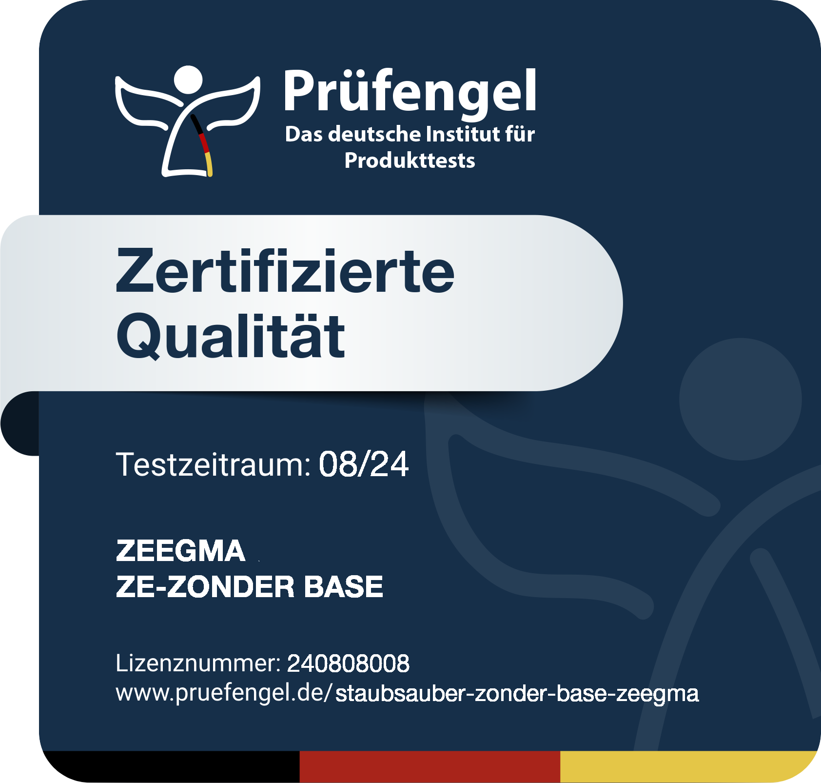 Un certificato con testo, logo e data di Pruefengel, che indica la certificazione del prodotto ZEEGMAs.
