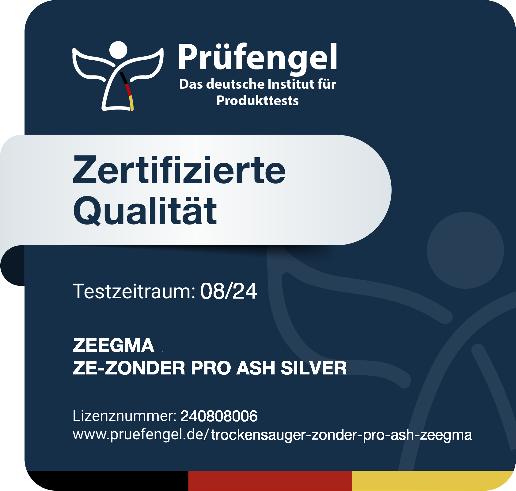 Certificato blu scuro con testo e logo Prüfengel.