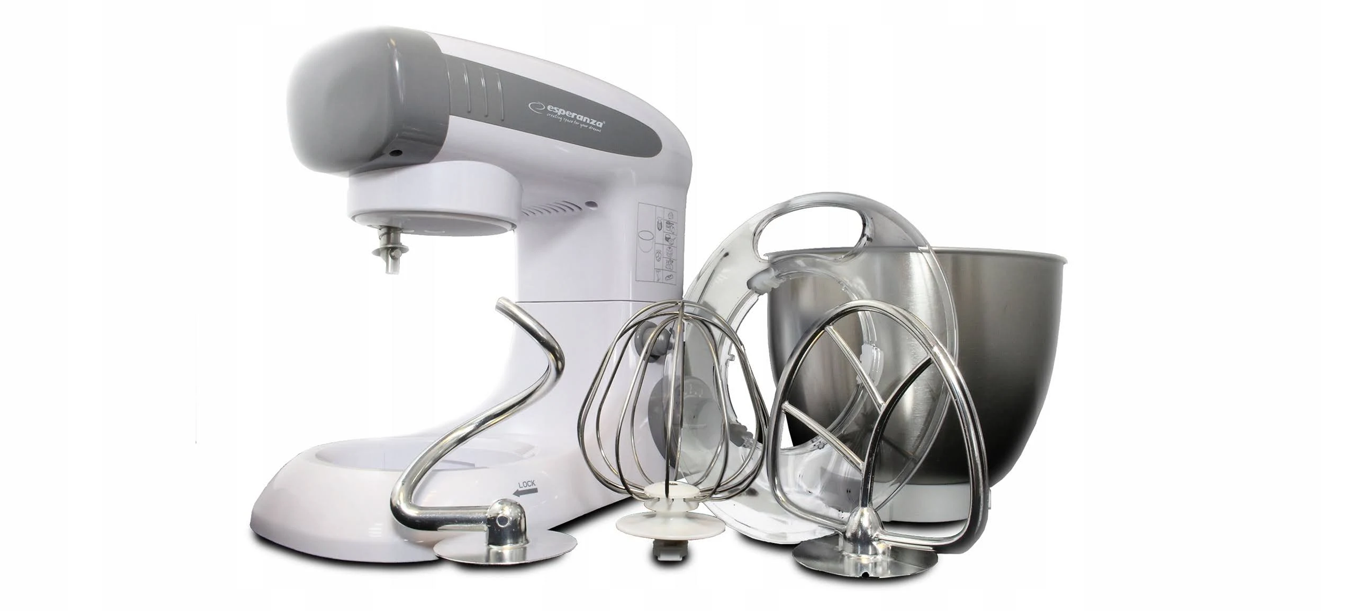 Batidora de pie blanca con bol de acero inoxidable y accesorios.