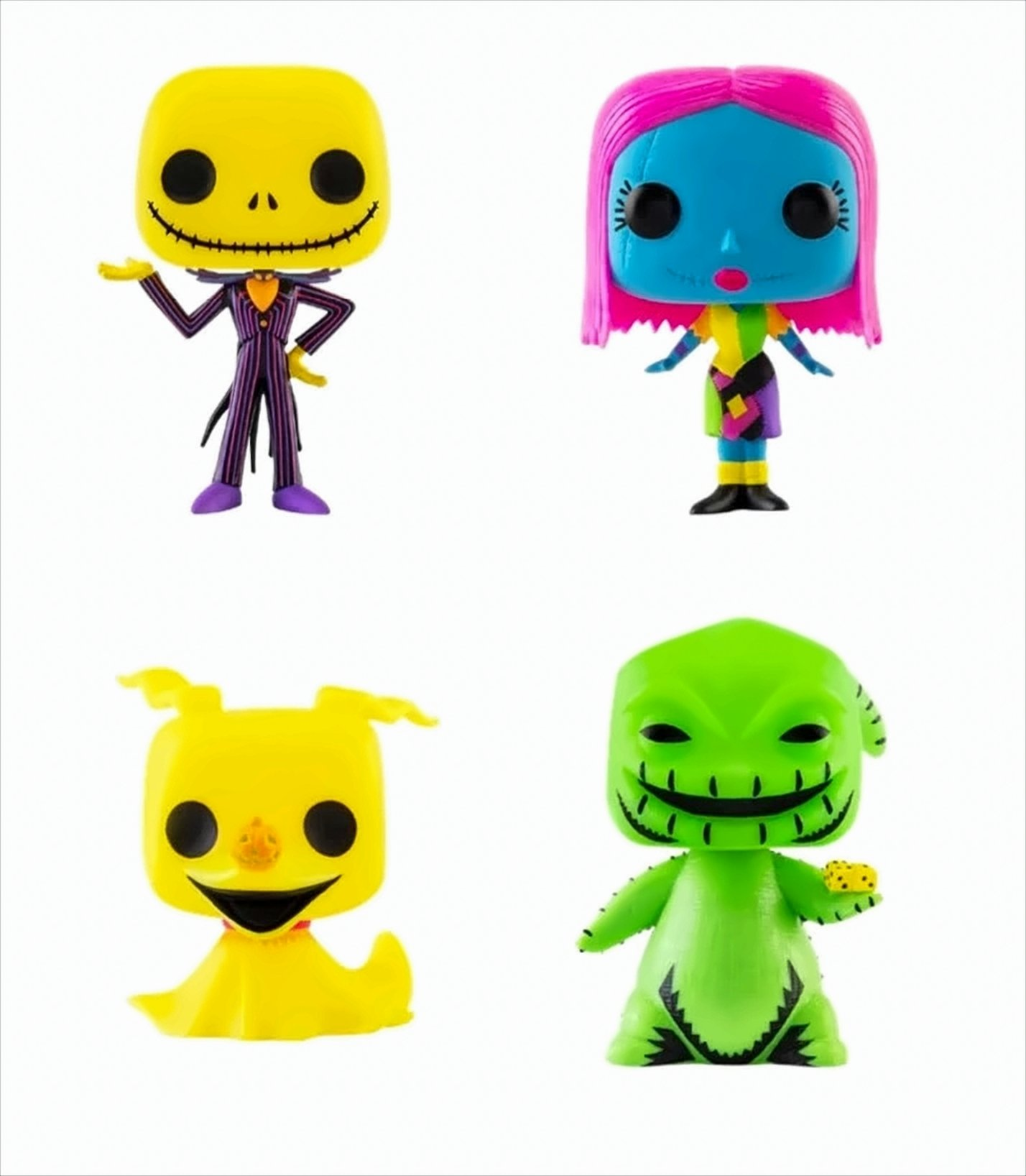 Quattro figure stilizzate di The Nightmare Before Christmas: Jack, Sally, Zero e Oogie Boogie.