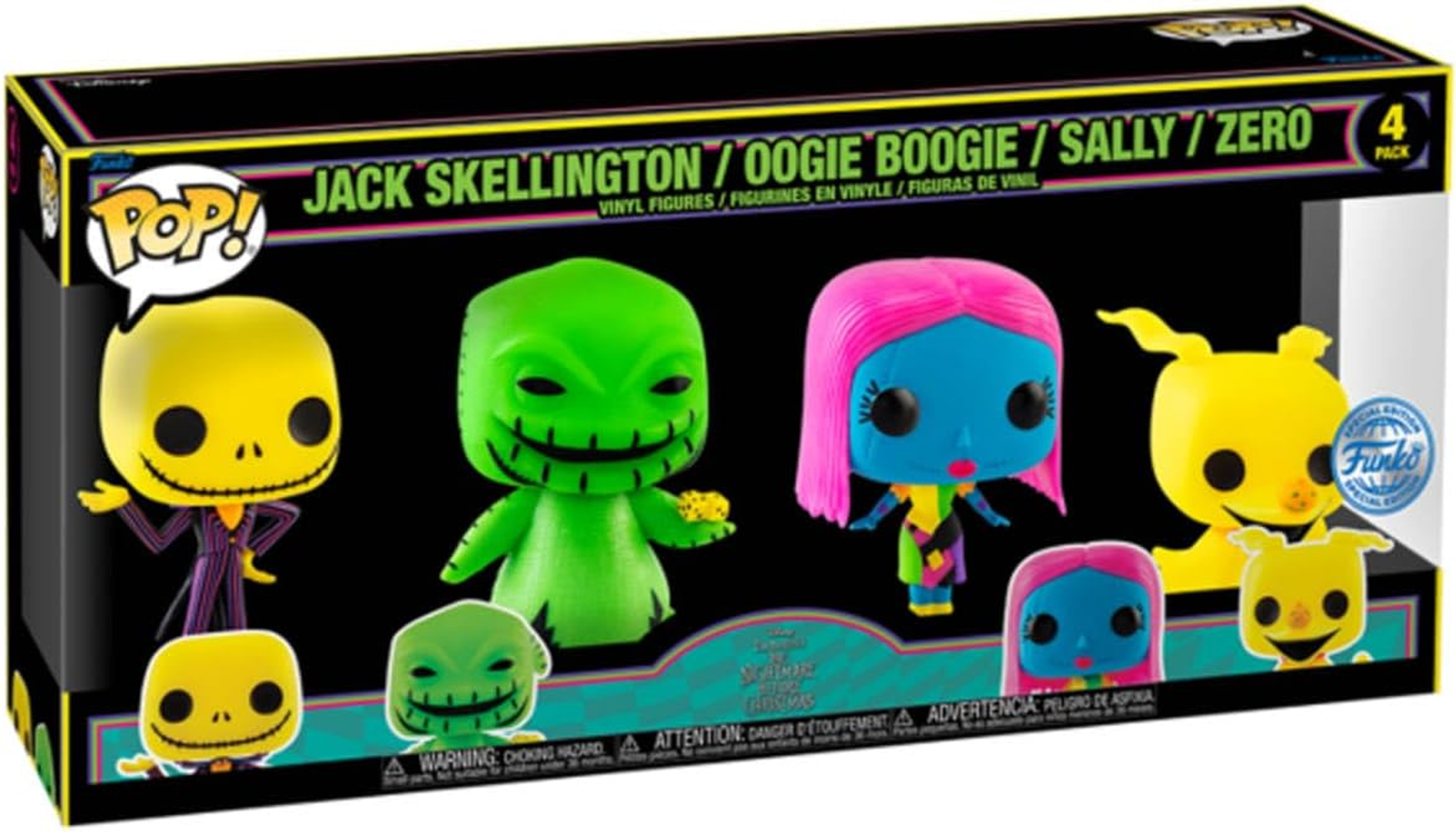 Set di scatole Funko Pop di quattro personaggi di Nightmare Before Christmas: Jack, Oogie, Sally, Zero.