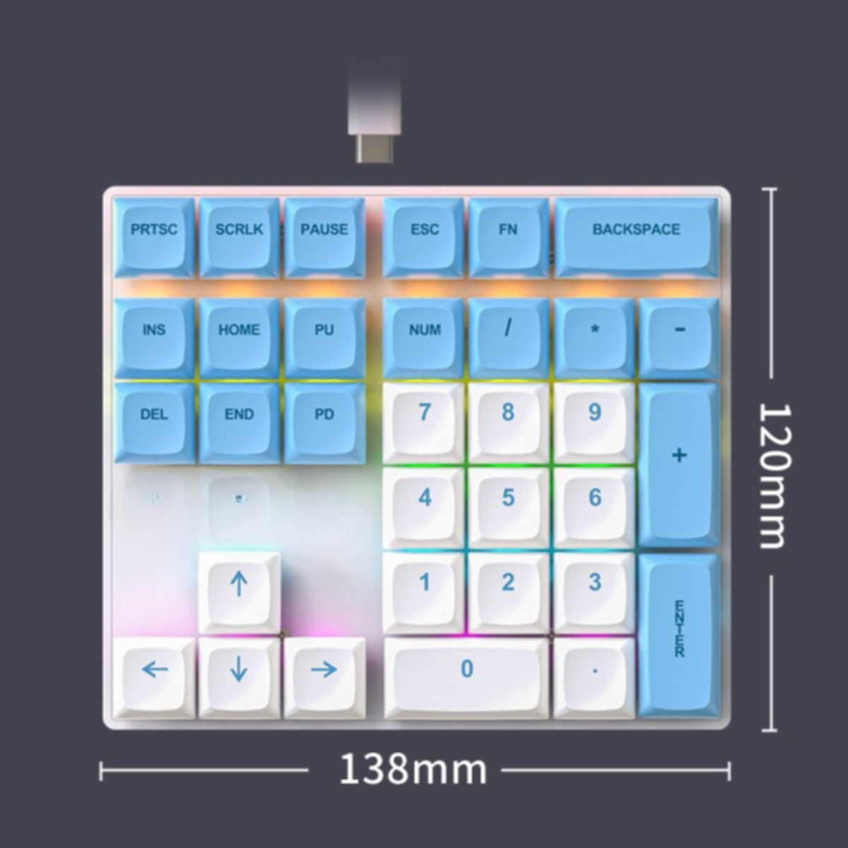 Weiß-blaue mechanische Tastatur mit nummerierten Tasten und Funktionstasten. Maße sind angegeben.