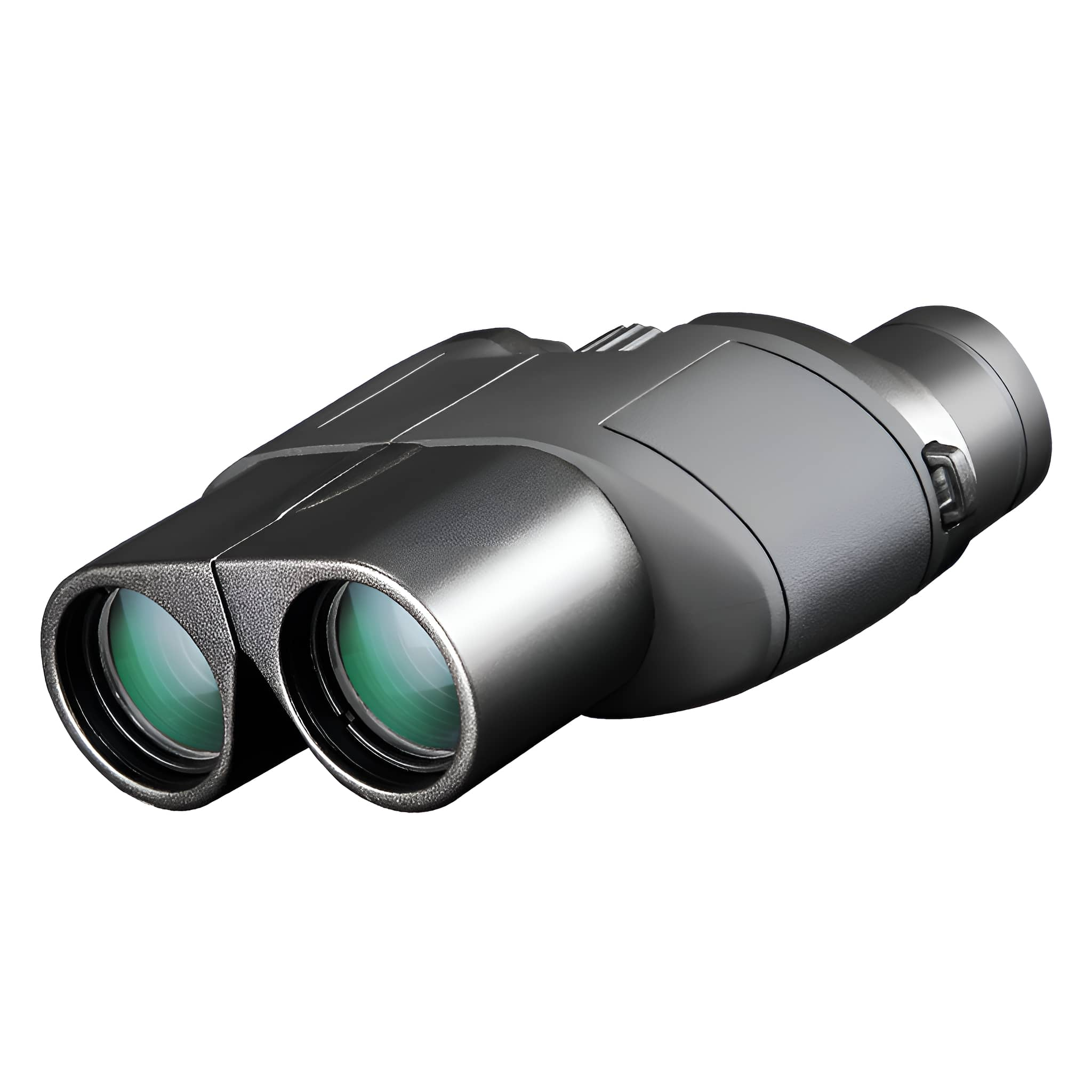 Schwarzes Fernglas. Das Fernglas hat grüne Linsen und ein silbernes Einstellrad.