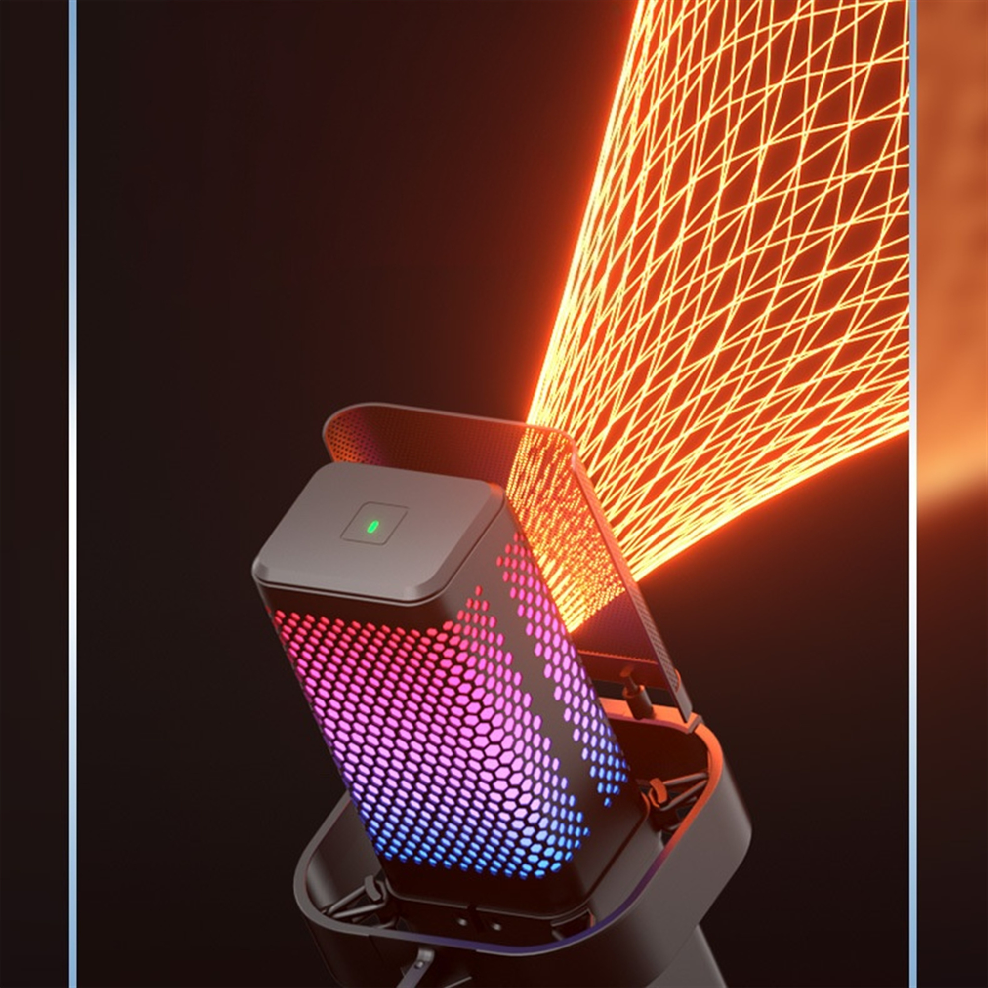Beleuchtetes Mikrofon mit farbigem Licht, das von der Vorderseite ausgeht.