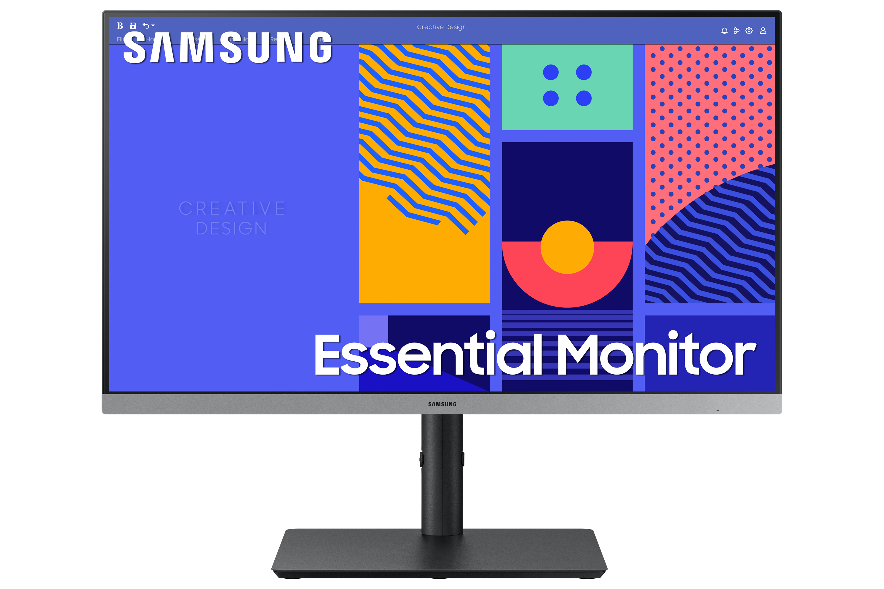 Un monitor Samsung Essential sobre un fondo blanco, con un diseño colorido en la pantalla.