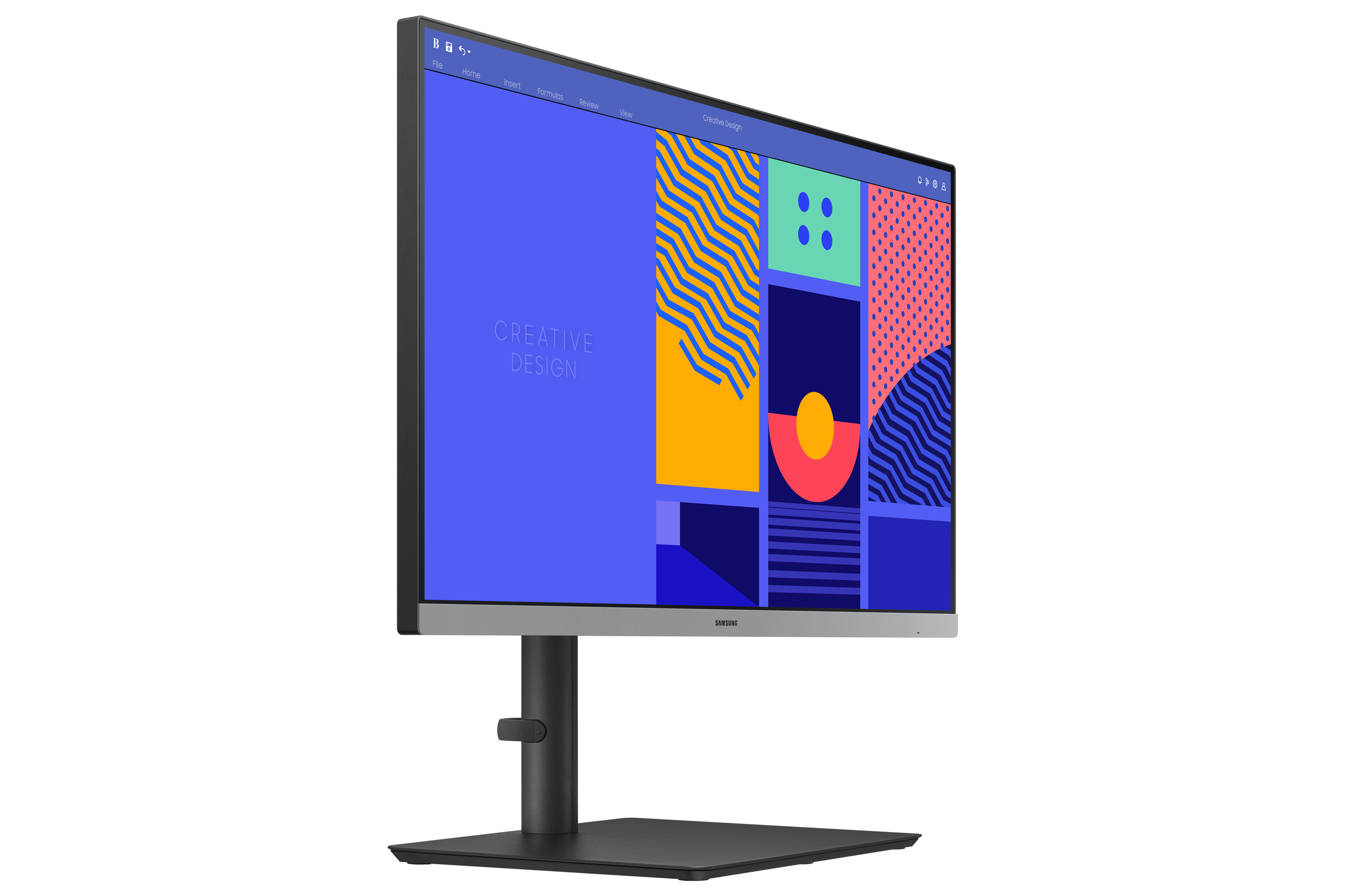 Monitor, vista en ángulo, mostrando un diseño colorido en pantalla con soporte negro.