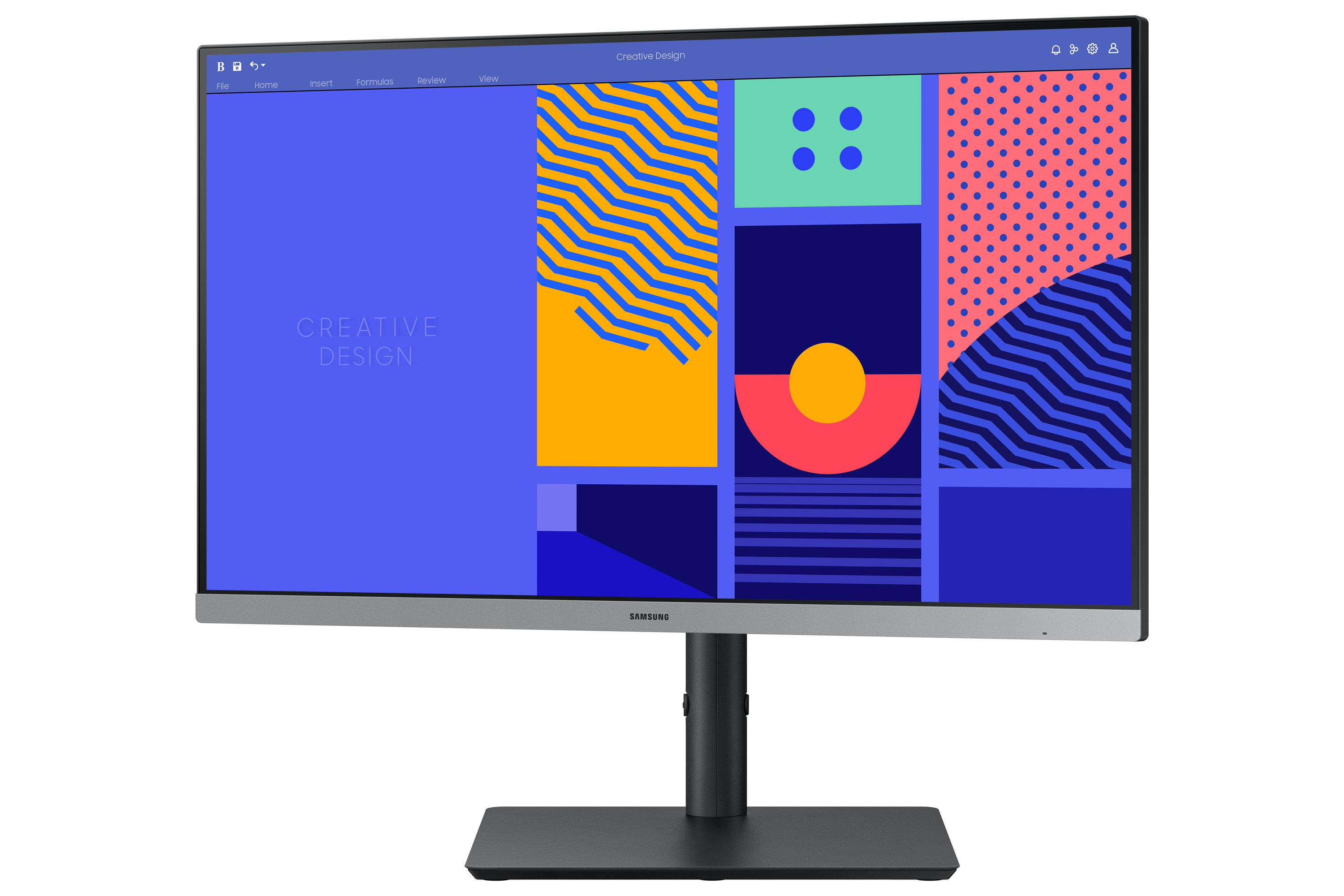 Monitor Samsung mostrando diseño abstracto colorido, con marco plateado y soporte negro.