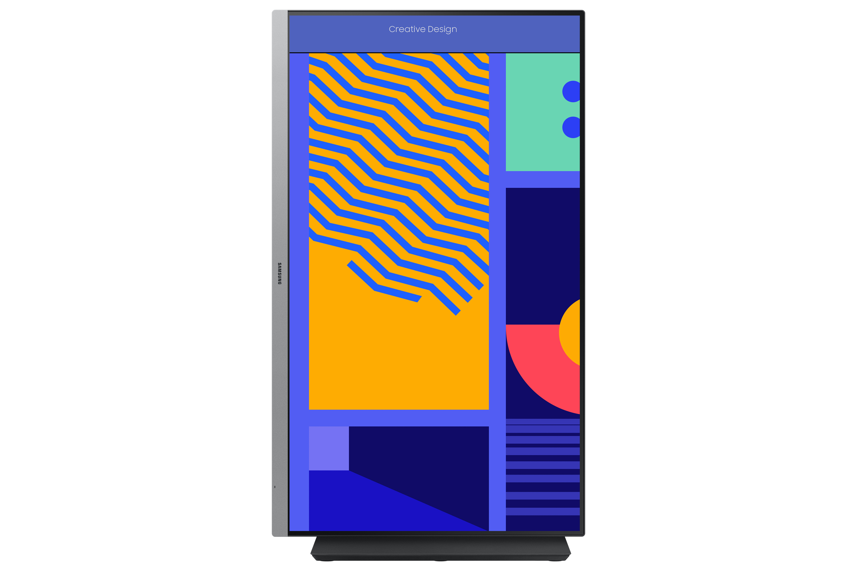 Un monitor de computadora vertical con un diseño geométrico colorido en la pantalla.