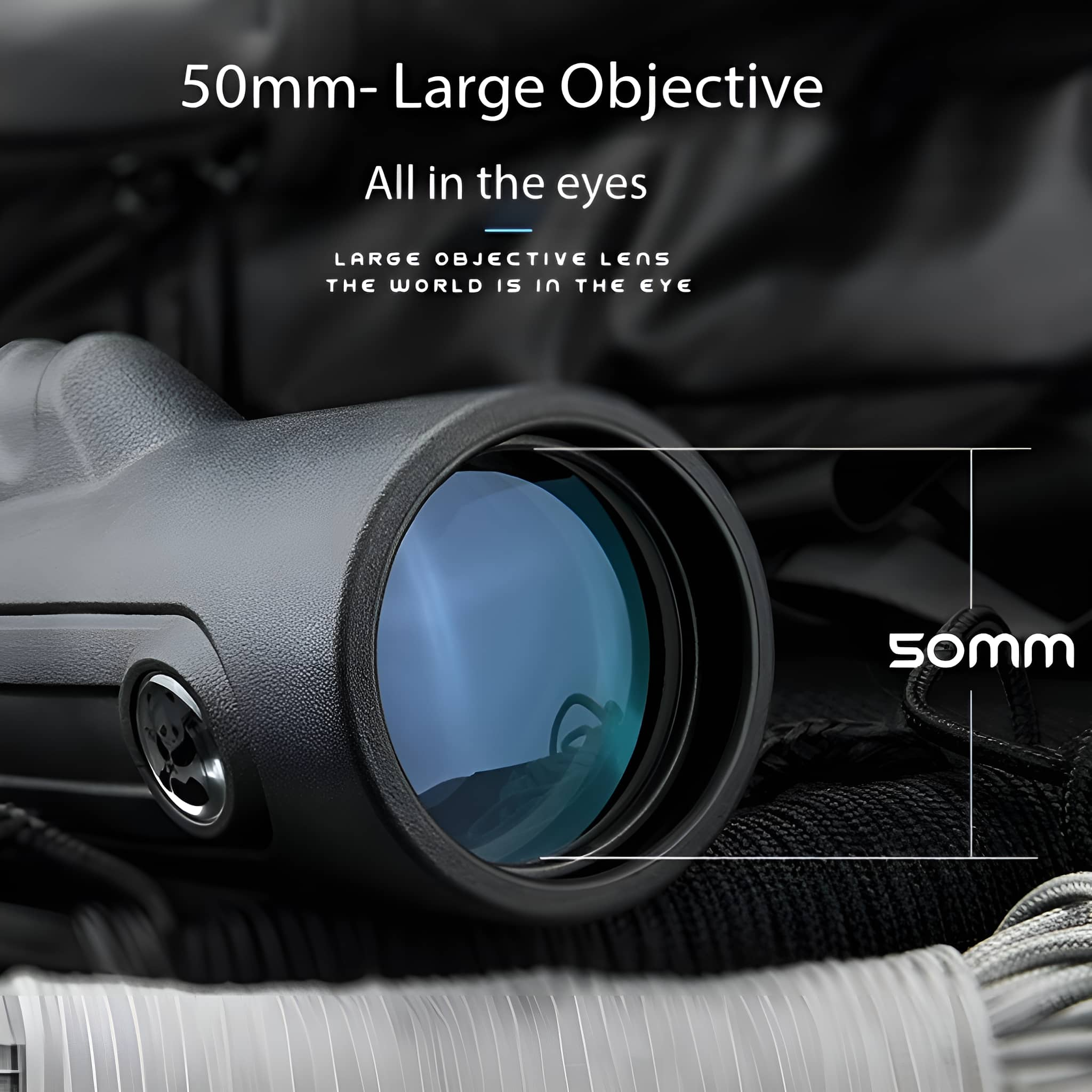 Ein schwarzes und graues Zielfernrohr mit dem Text "50mm - Large Objective" und einer 50mm-Messung.
