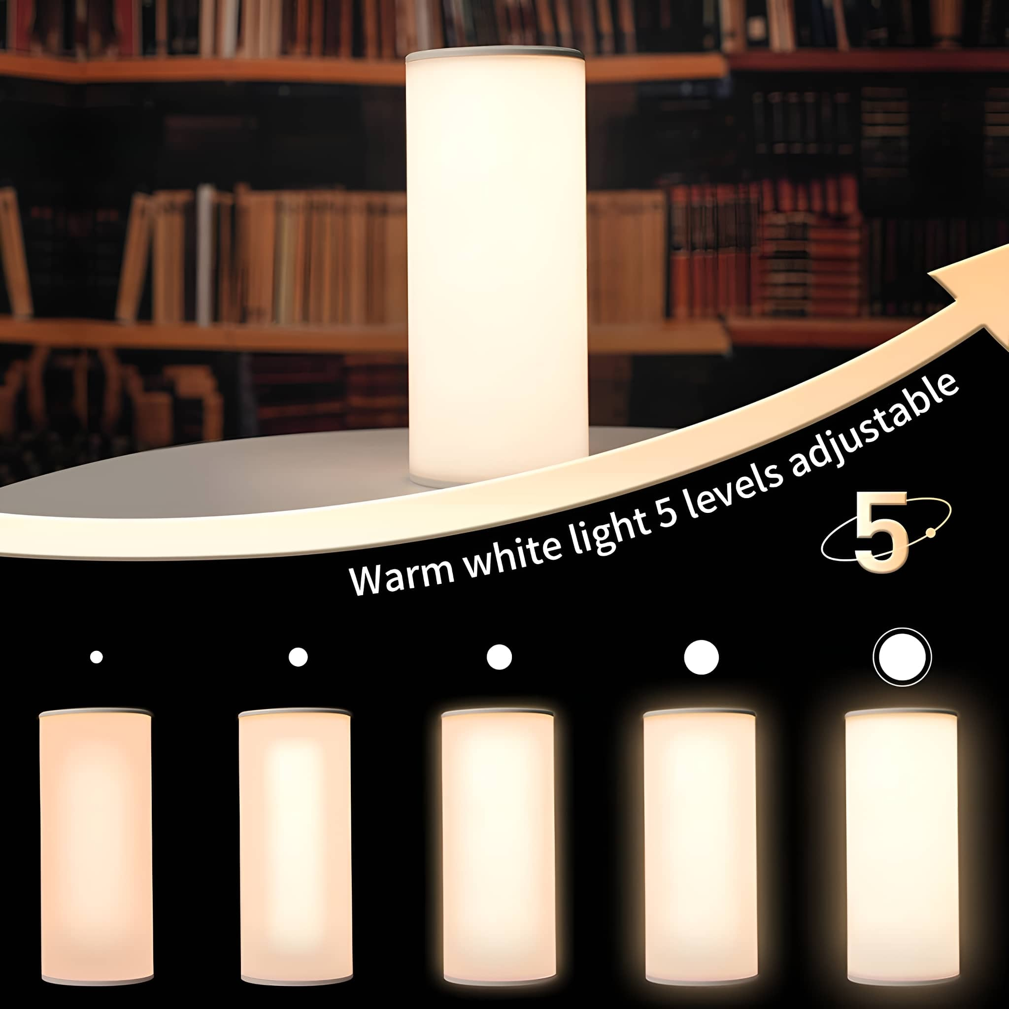 Eine weiße zylindrische Lampe mit leuchtendem Licht, mit Pfeil und Pegelanzeigen.