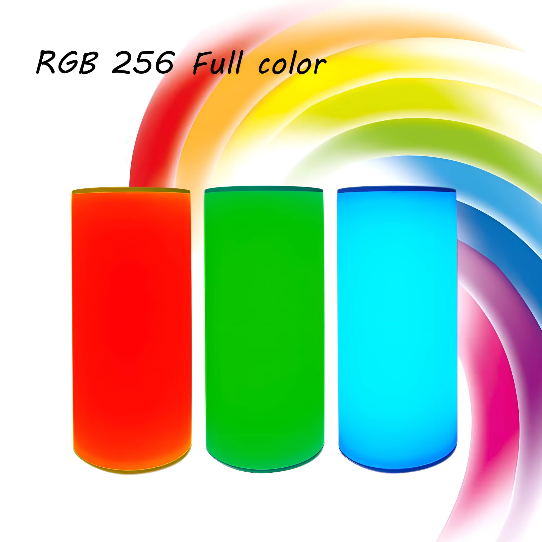 Drei farbige Zylinder: rot, grün und blau, mit Regenbogenhintergrund und Text.