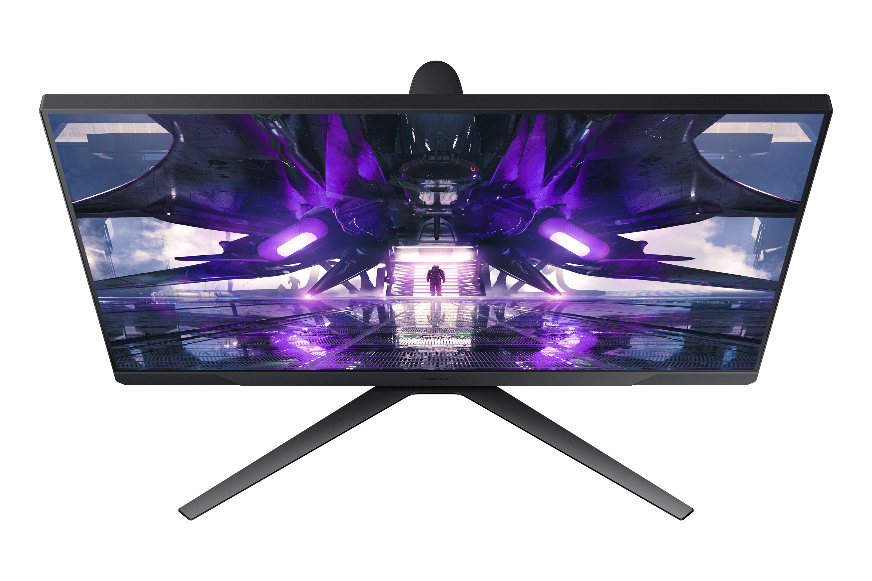 Monitor negro con escena de juego futurista en pantalla.