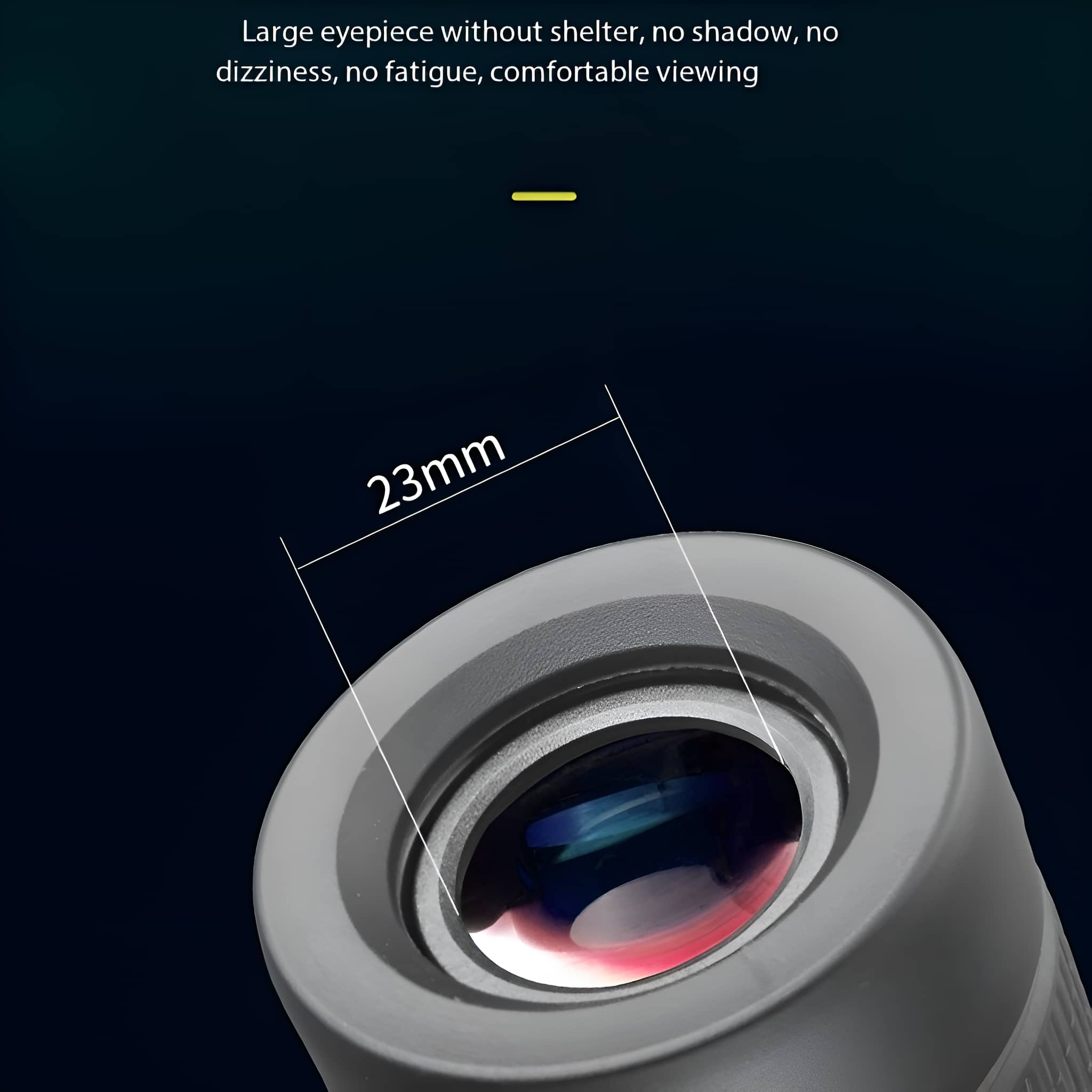Eine Nahaufnahme eines Monokulars mit einer Messung von 23 mm.