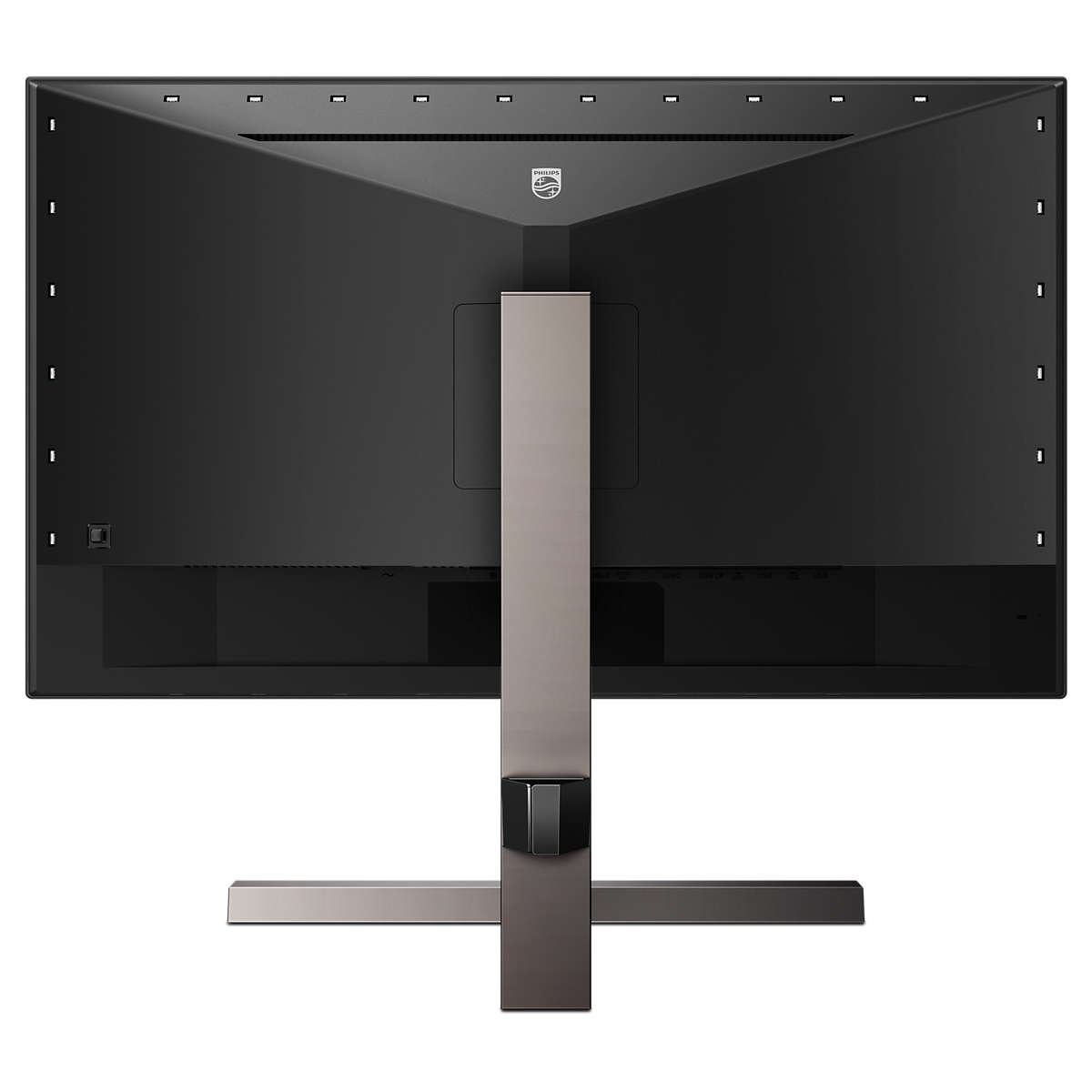 Vista posteriore del monitor del computer nero, con supporto argentato e più porte.