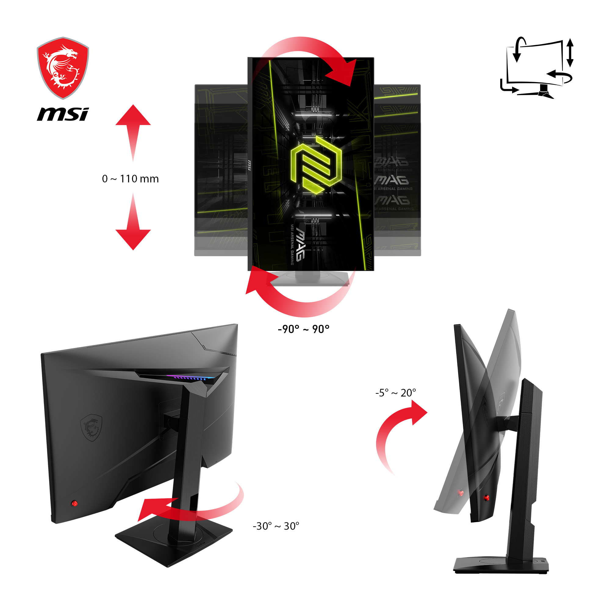 Monitor z logo MSI. Strzałki i kąty pokazują regulowane pozycje monitora.