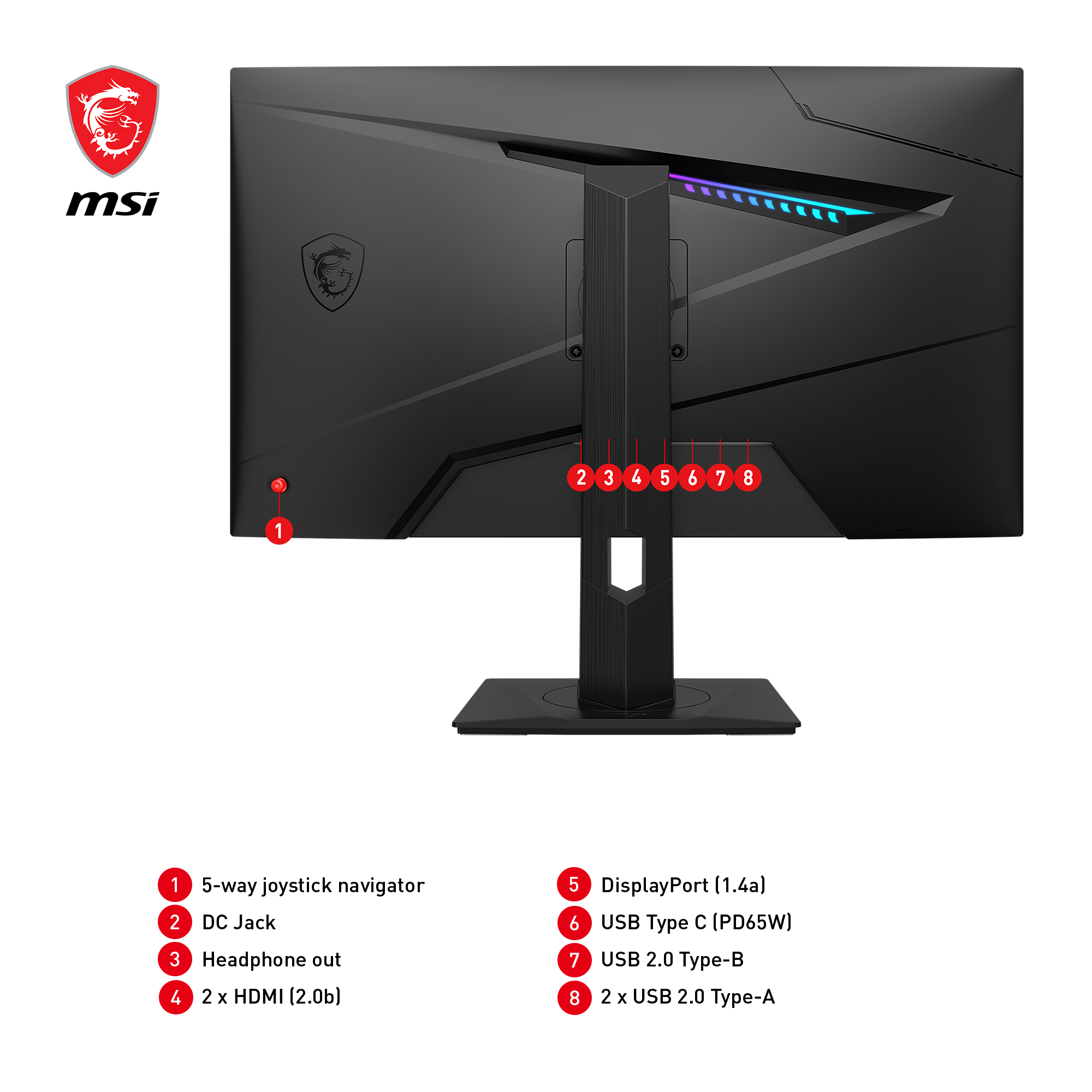 Monitor komputerowy MSI, widok z tyłu. Pokazuje porty i nawigator joysticka. Czarny ze światłami RGB.