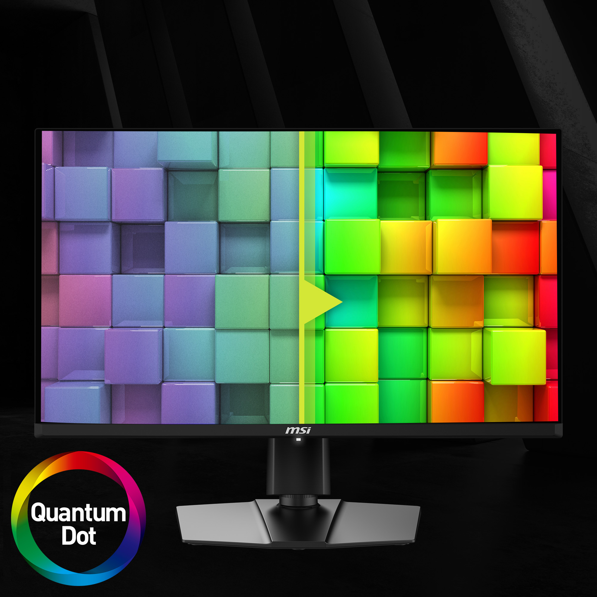 Monitor wyświetla kolorowy obraz podzielony na pół, ze strzałką wskazującą od lewej do prawej.