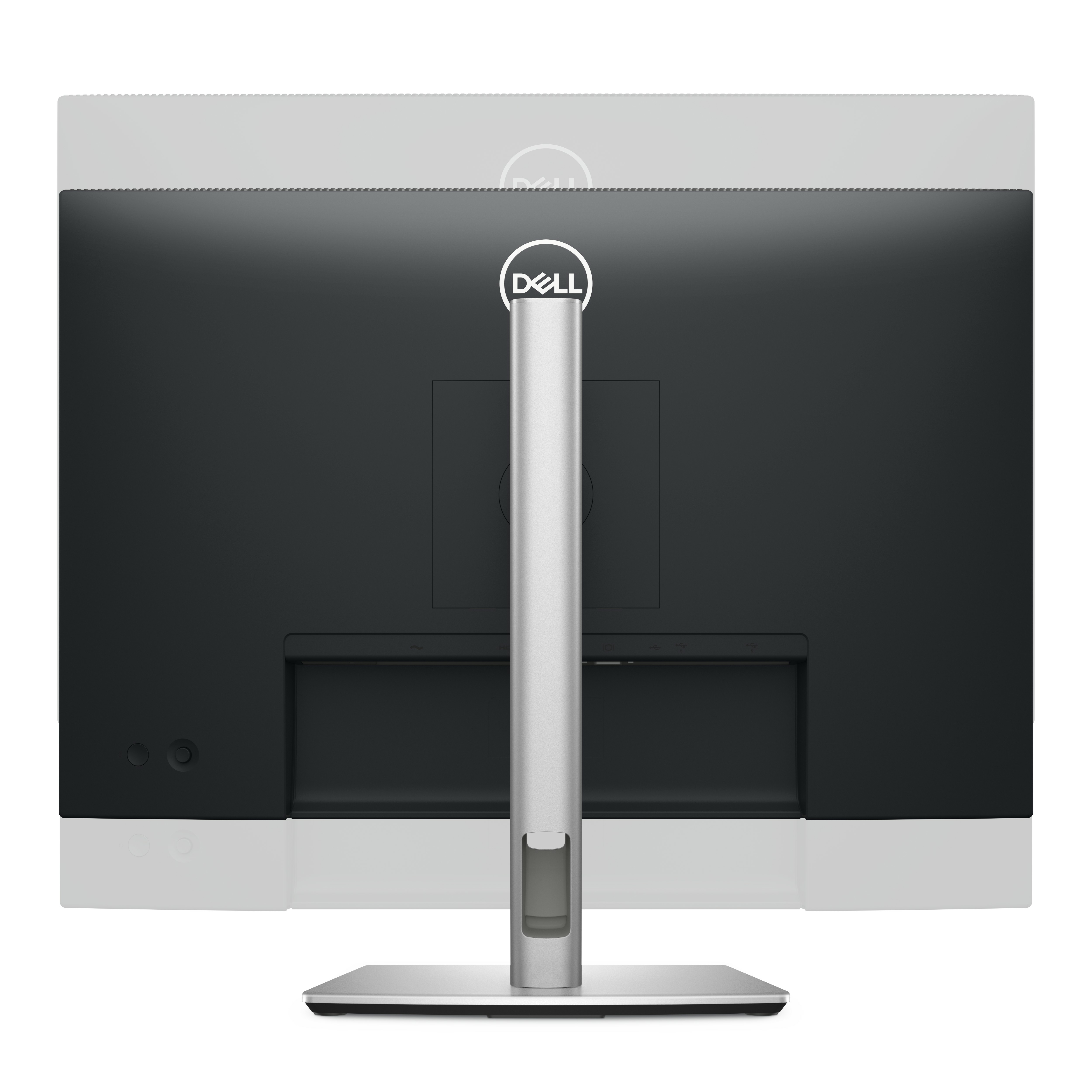 Tył monitora Dell, biała podstawa, srebrny stojak, czarny ekran, logo Dell na górze.