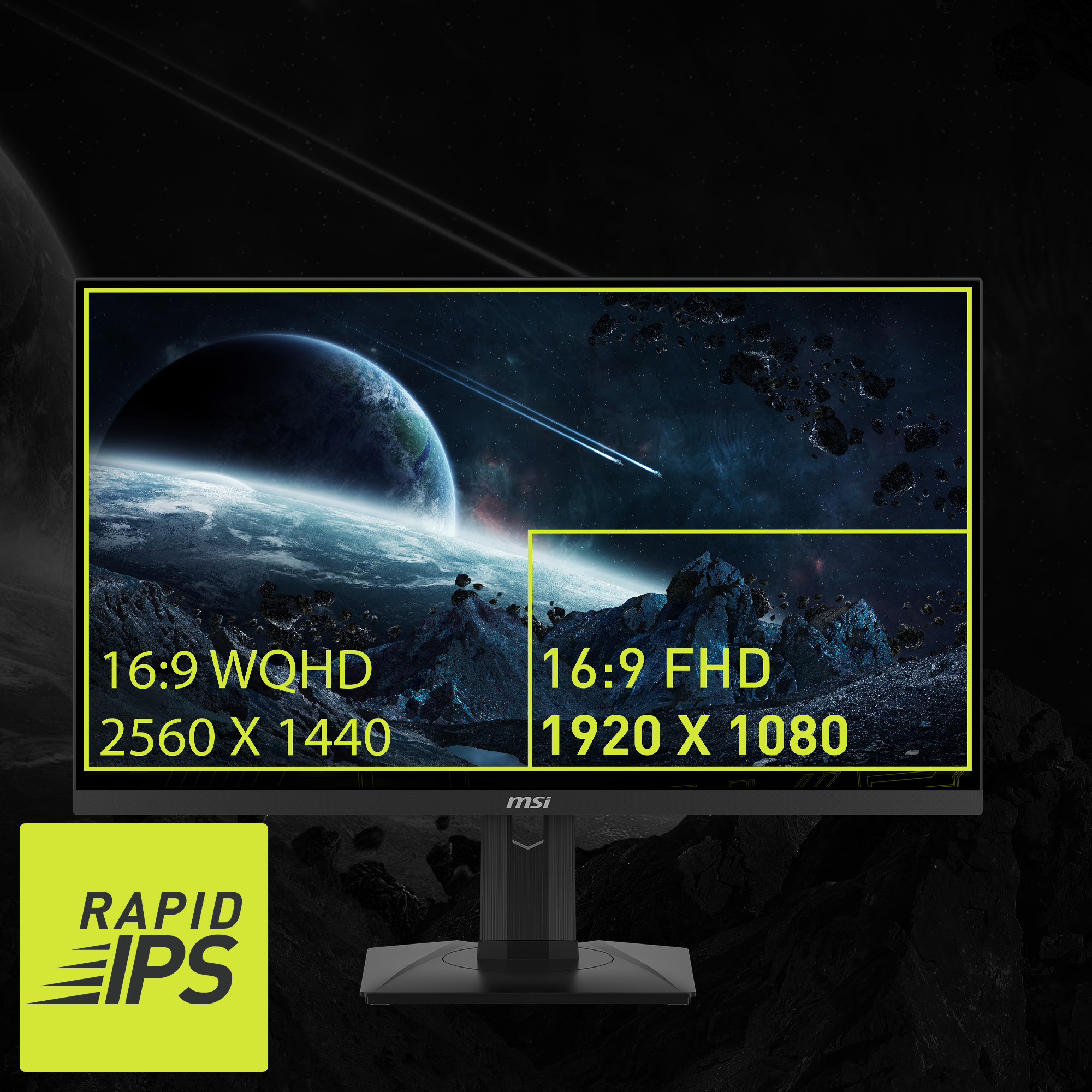 Monitor MSI z WQHD i FHD 16:9. Żółty tekst: Rapid IPS.