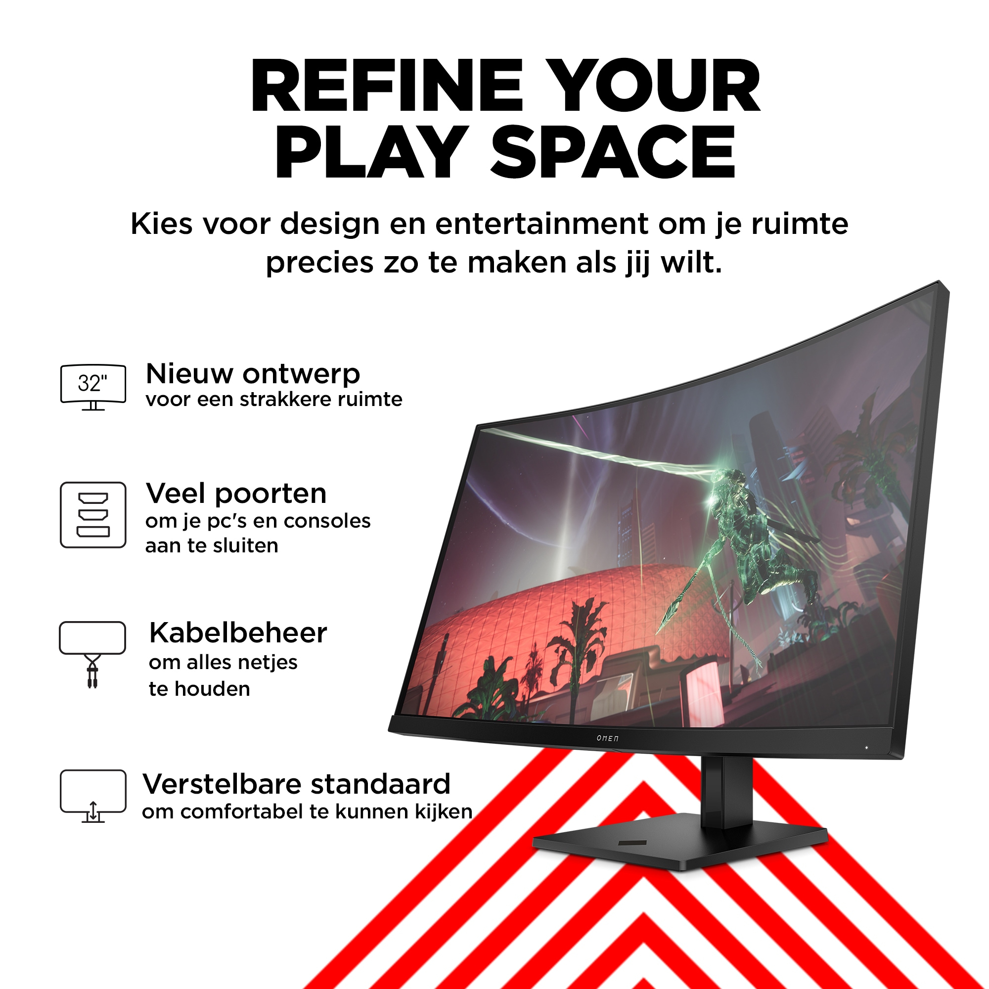 Zakrzywiony monitor z tekstem, pokazujący funkcje: design, porty, zarządzanie kablami i regulowana podstawa, z czerwonymi paskami.