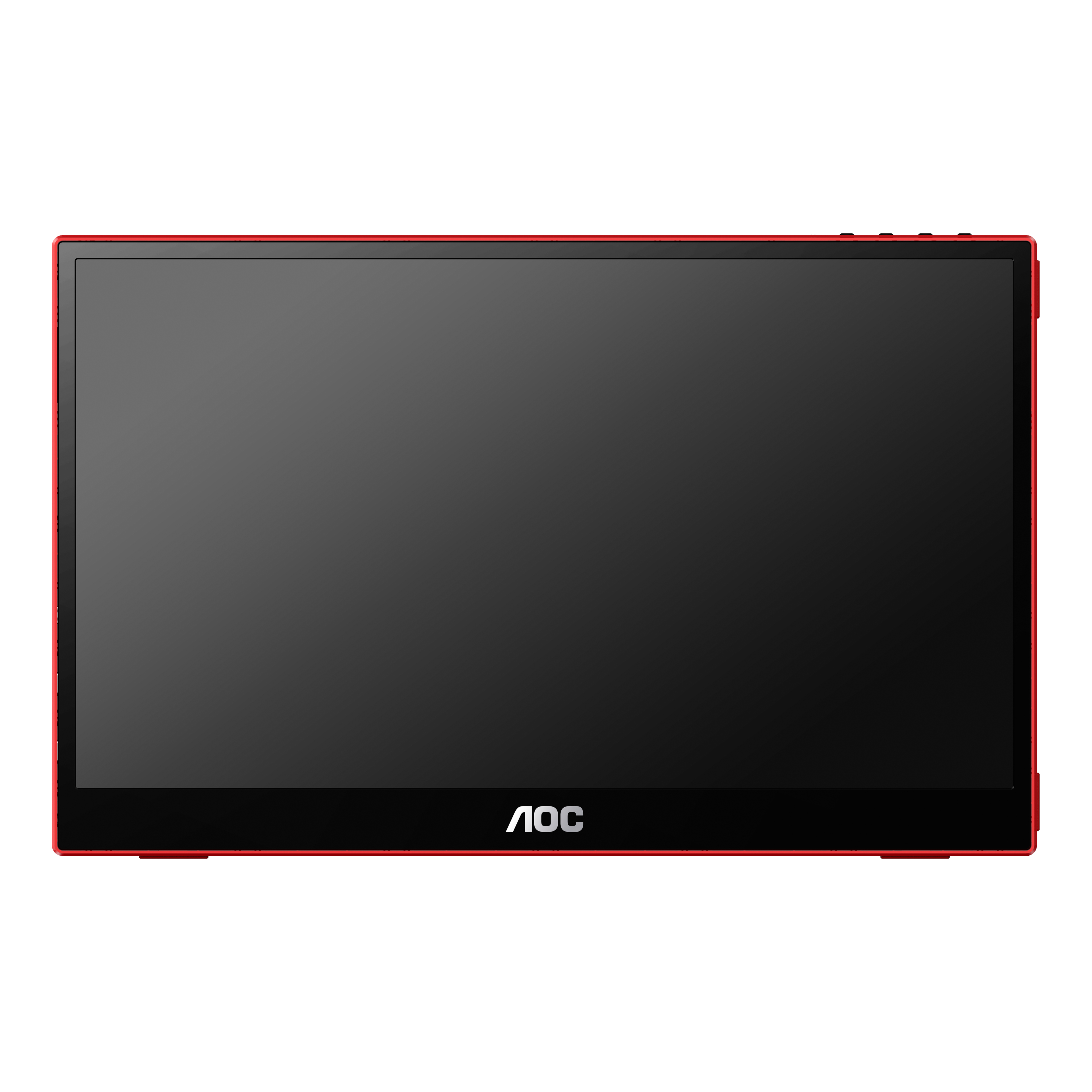 Monitor con cornice rossa. Schermo nero con il marchio AOC in basso.