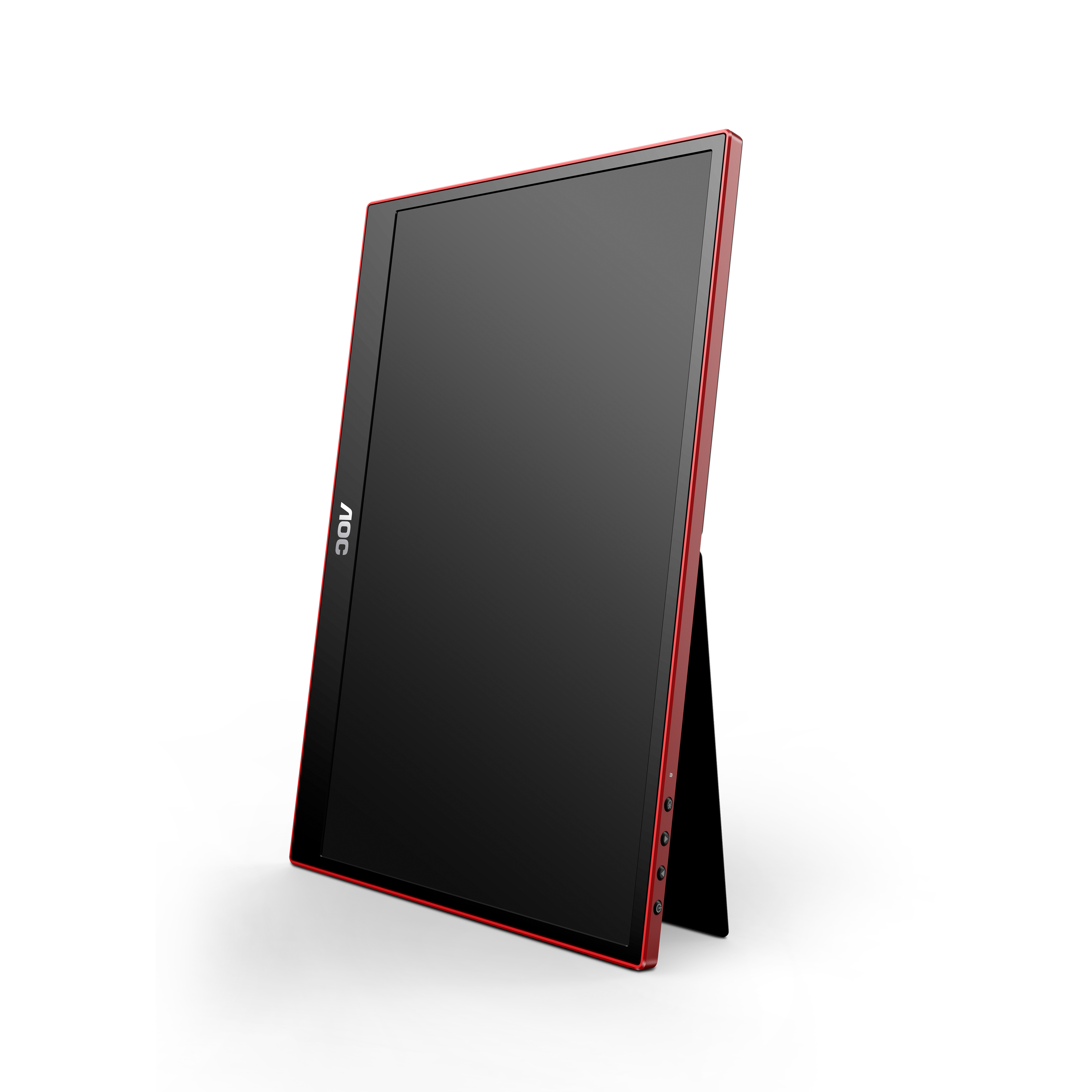 Monitor AOC con cornice rossa e schermo nero, appoggiato su un supporto. Sfondo bianco.