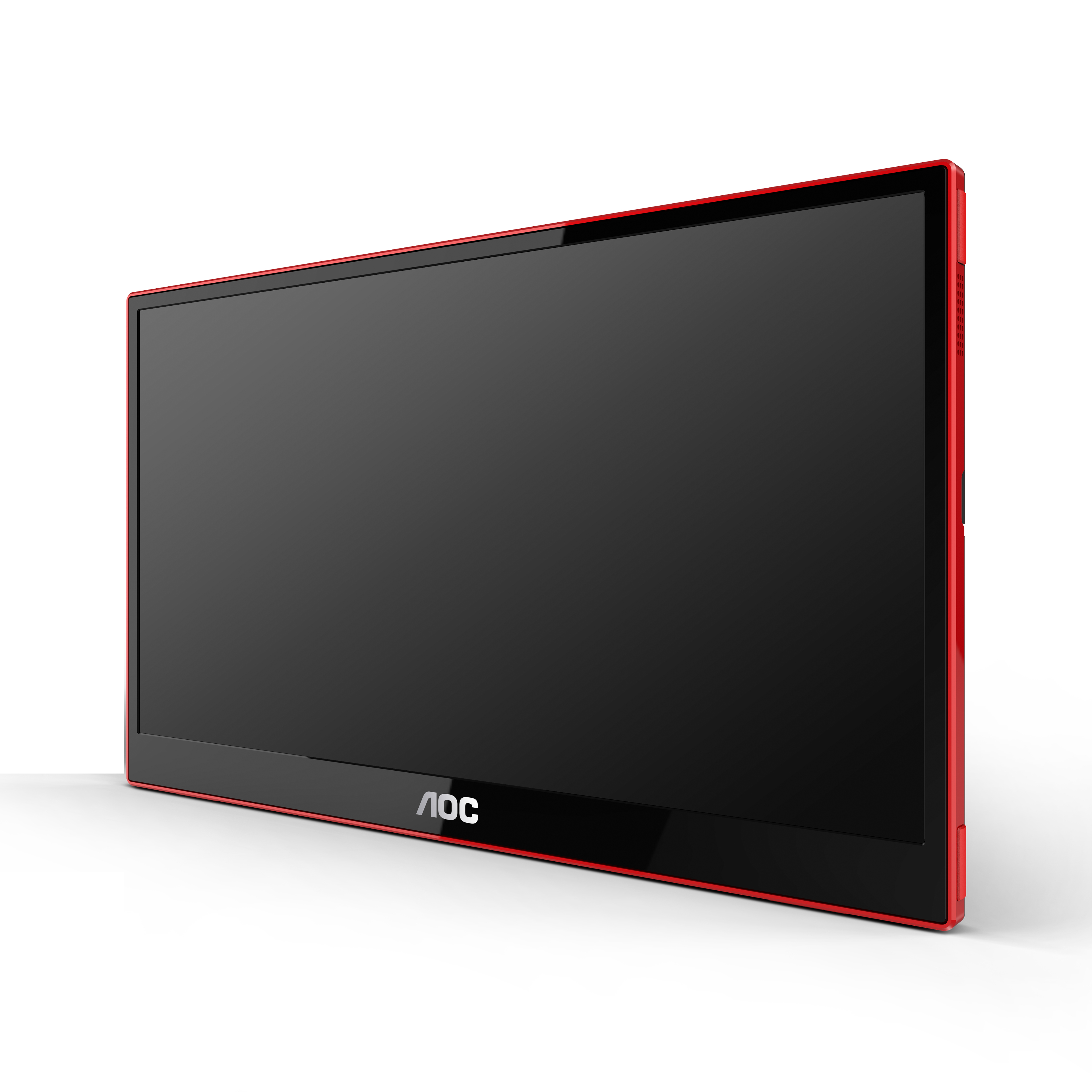 Un monitor AOC nero con cornice rossa, angolato su uno sfondo bianco.