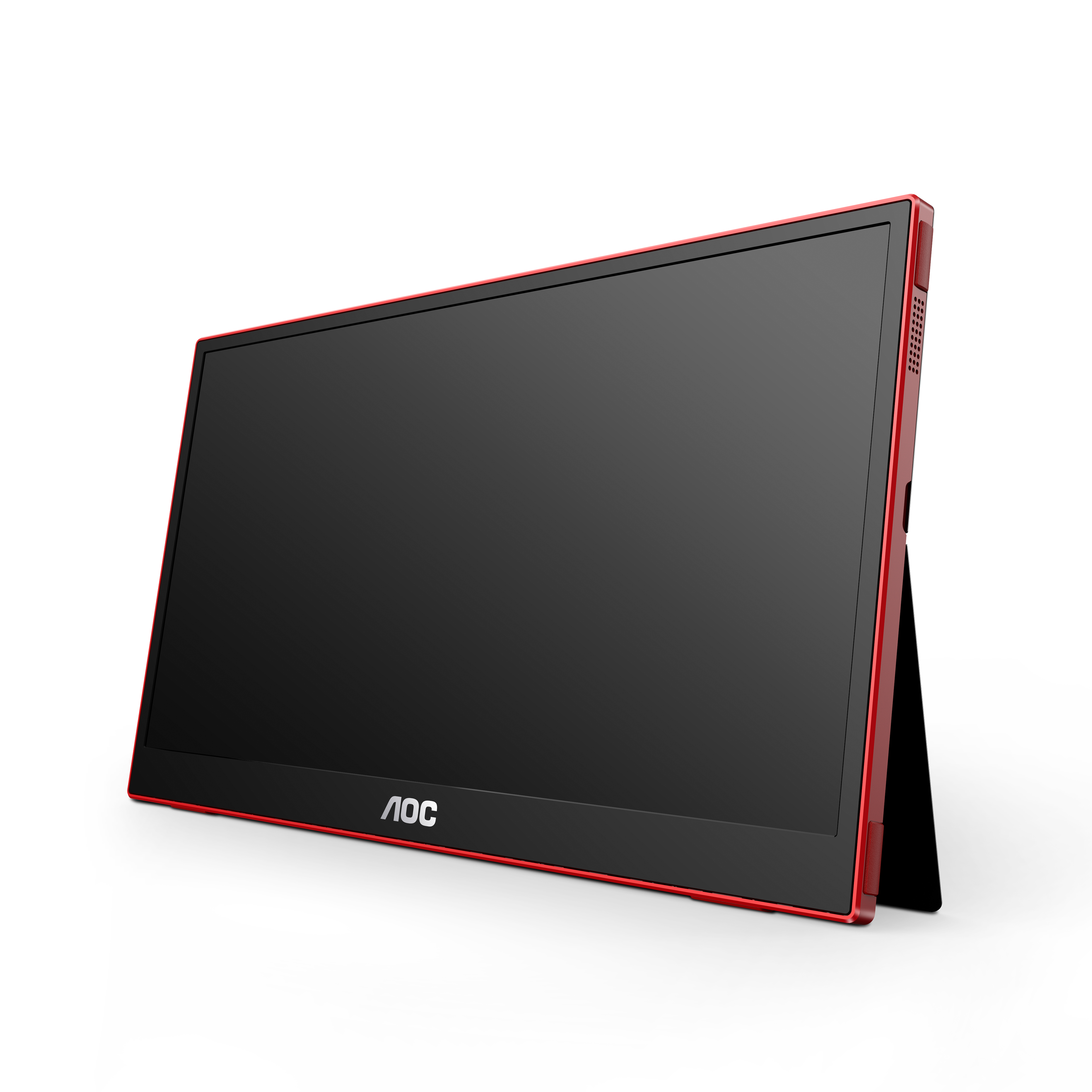 Monitor per computer con cornice rossa e schermo nero, supportato da un supporto, su sfondo bianco.