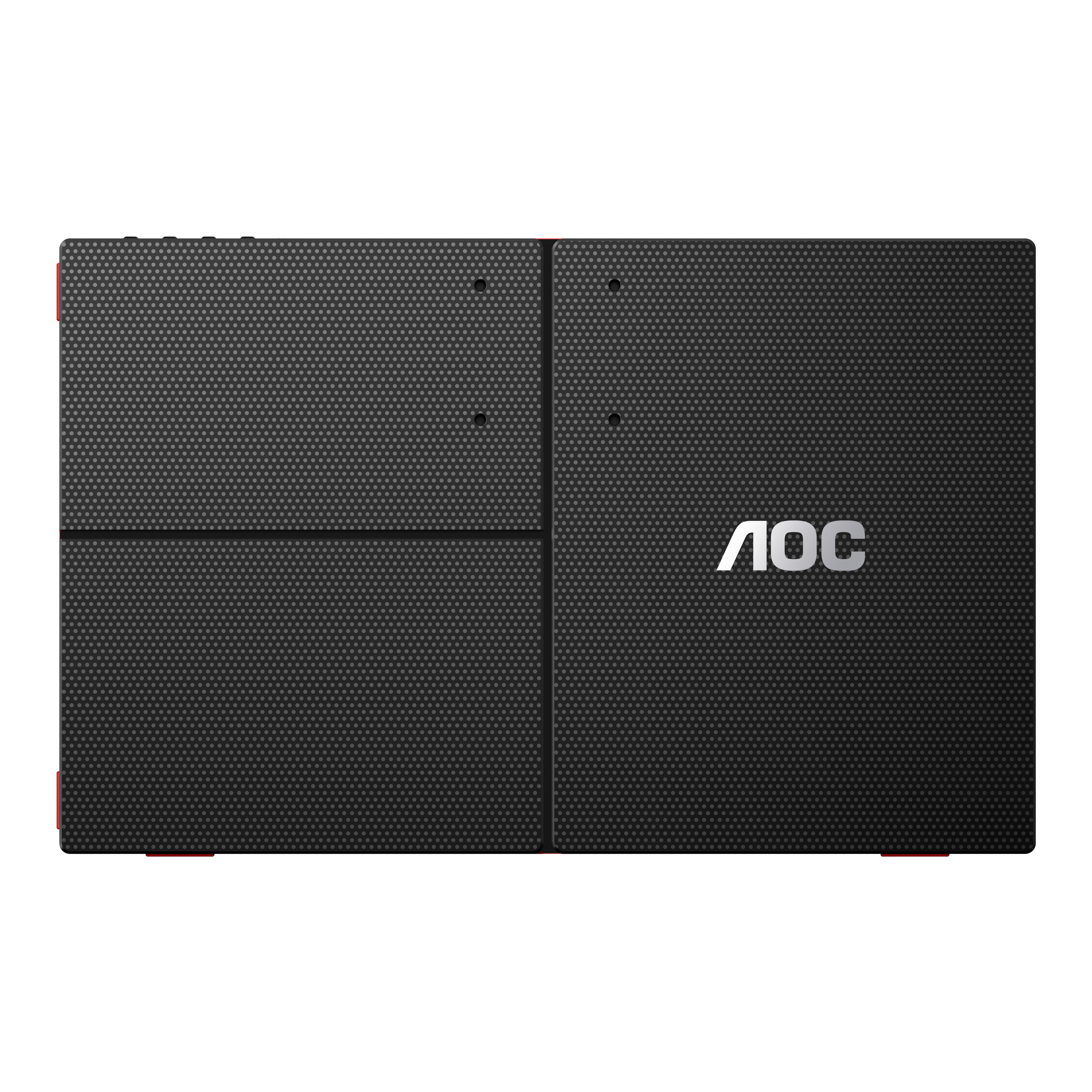 Monitor per computer nero e rosso. Il logo "AOC" è visibile. Texture a griglia. Sfondo bianco.