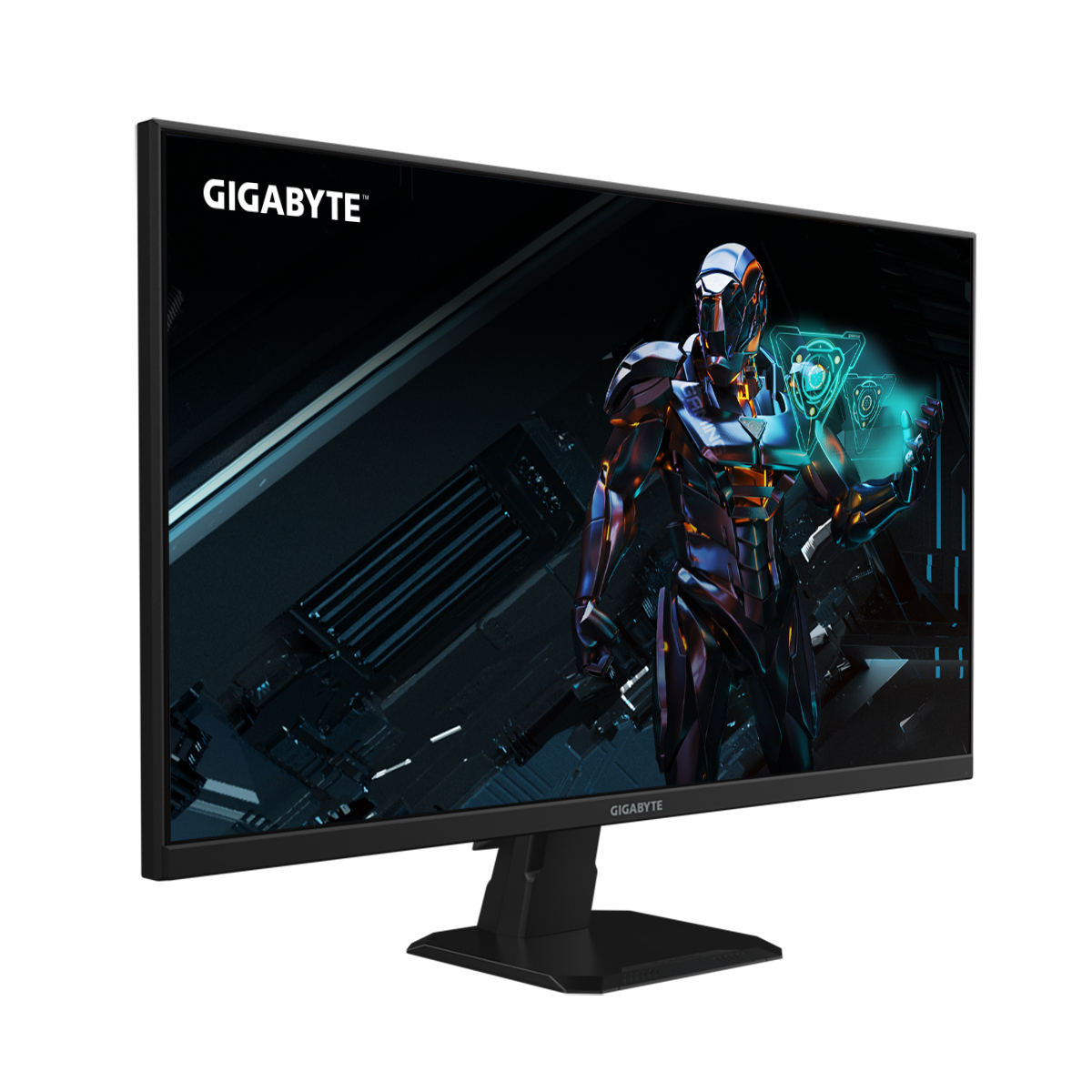 Un monitor Gigabyte con una escena de juego en su pantalla y un soporte negro.