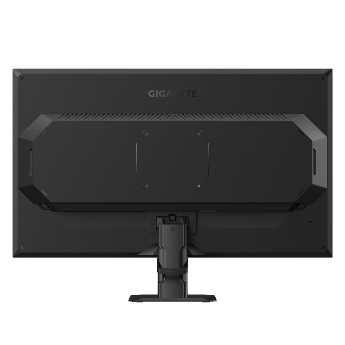 Vista trasera de un monitor de computadora negro con soporte. La marca 'GIGABYTE' es visible.