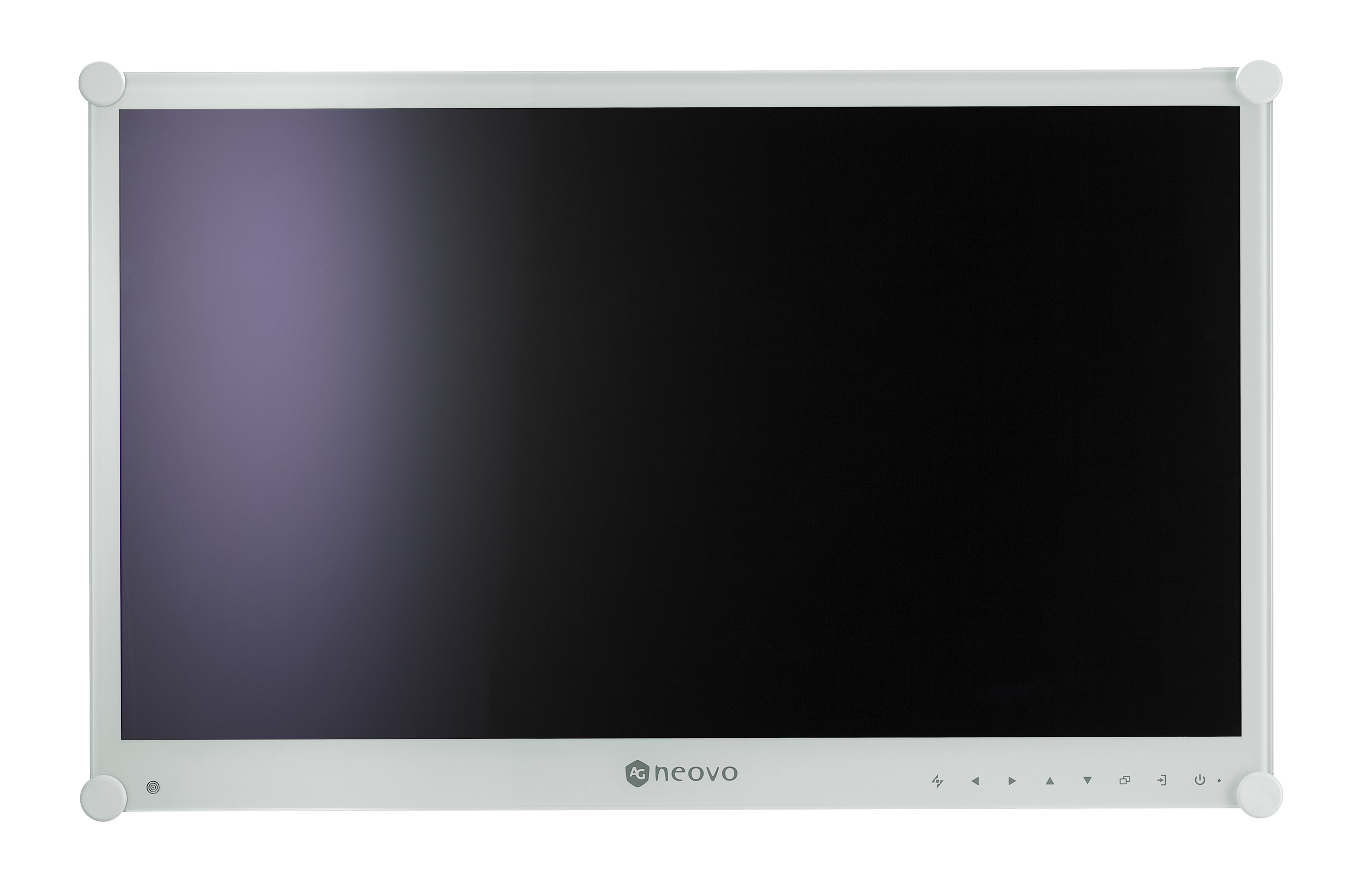 Monitor per computer con cornice bianca e schermo nero, design minimalista, sfondo bianco, ripresa in studio isolata.