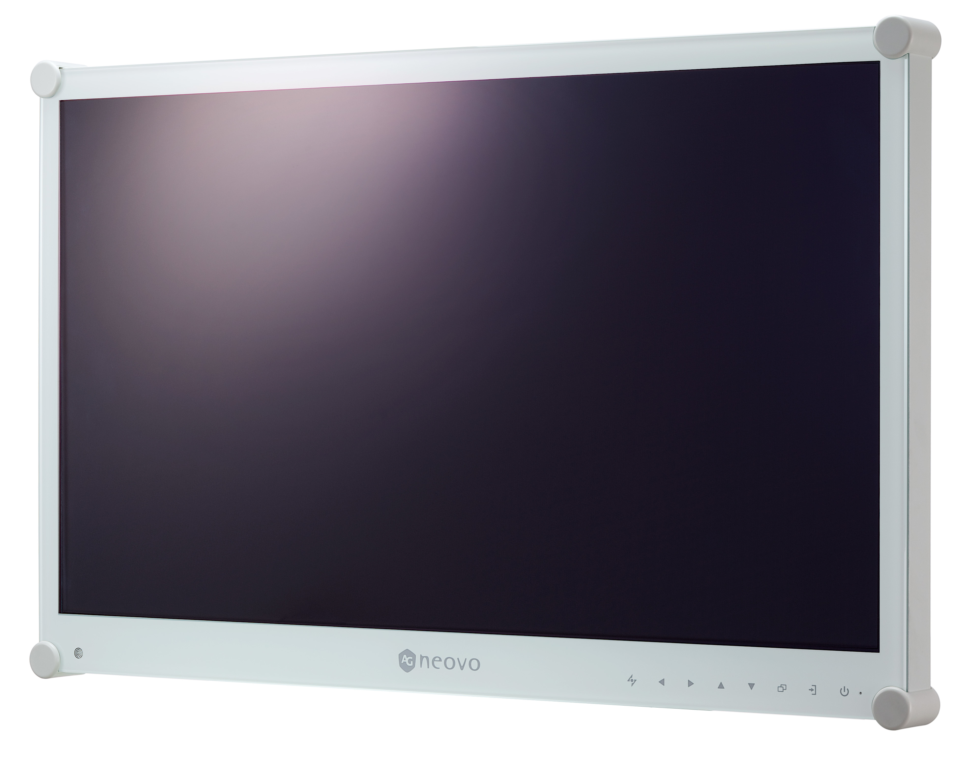 Un monitor per computer bianco con schermo nero. Ha una cornice bianca e pulsanti argentati.