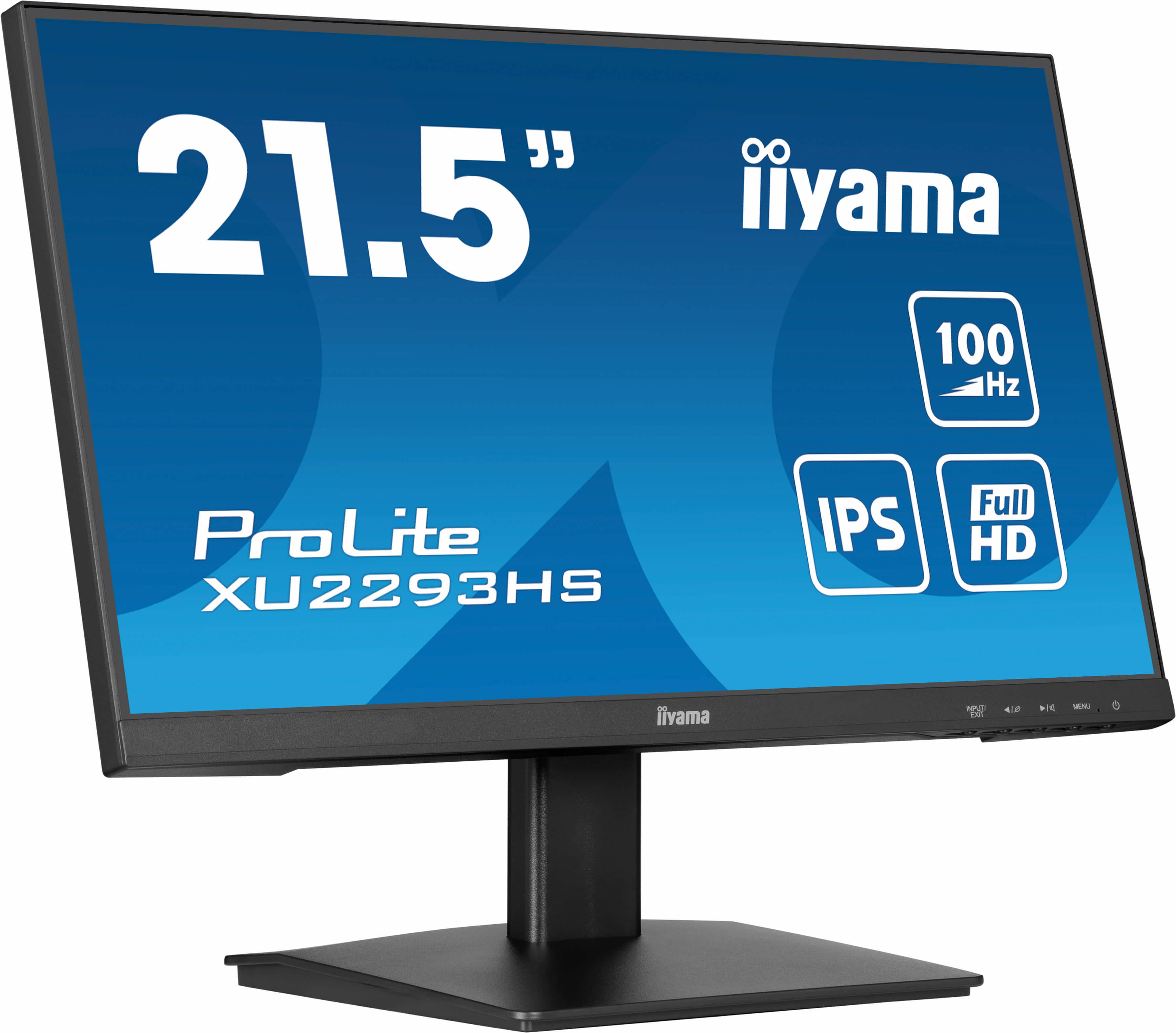 Czarny monitor komputera z czarną podstawą. Ma ekran 21,5".