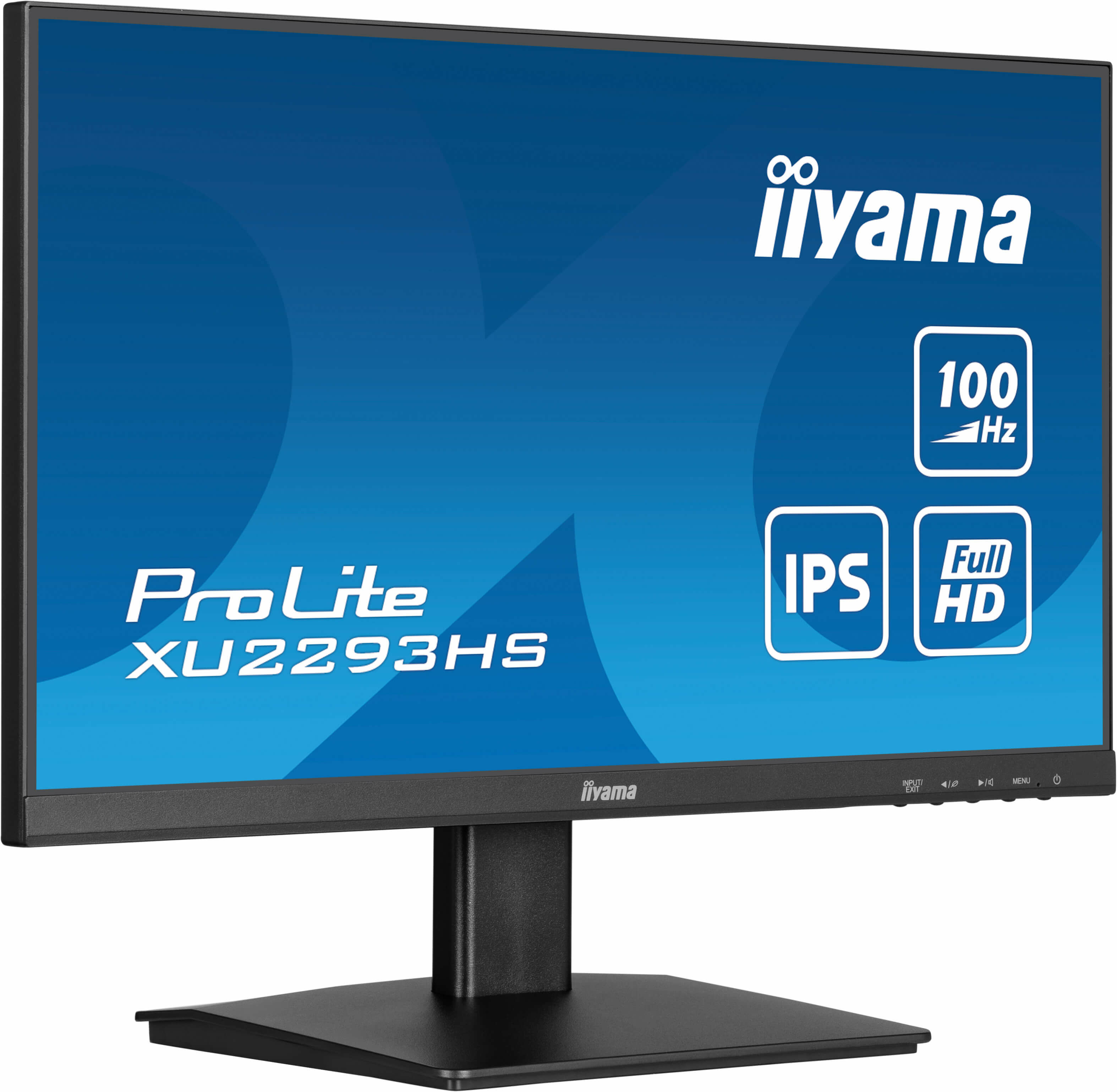 Czarny monitor Iiyama ProLite z niebieskim ekranem, wyświetlającym tekst i ikony.