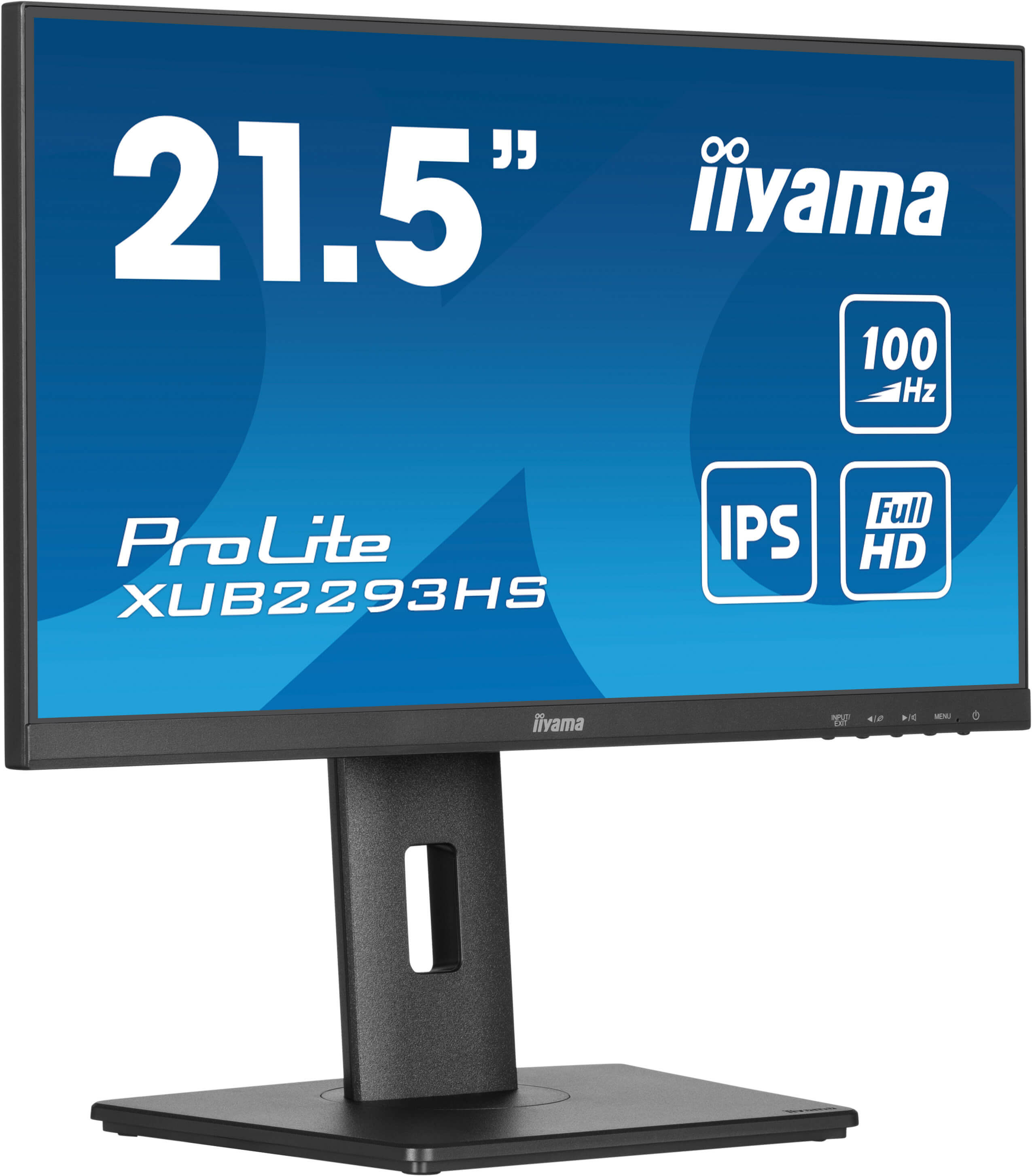 Monitor iiyama ProLite 21,5", czarna ramka, na czarnym stojaku. Full HD, IPS.