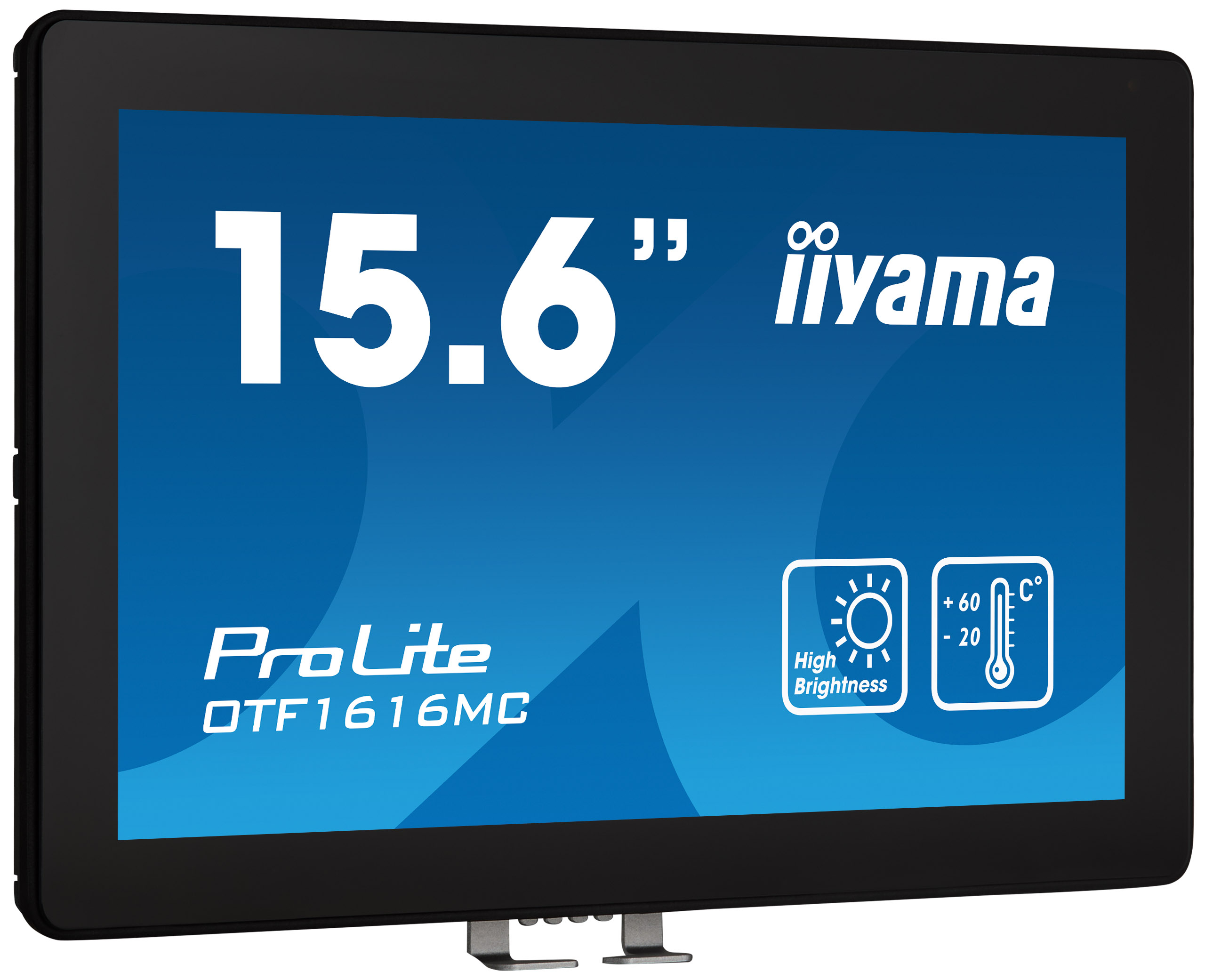 Czarny monitor iiyama ProLite. Wyświetla 15,6", z logo i ikonami jasności i temperatury.