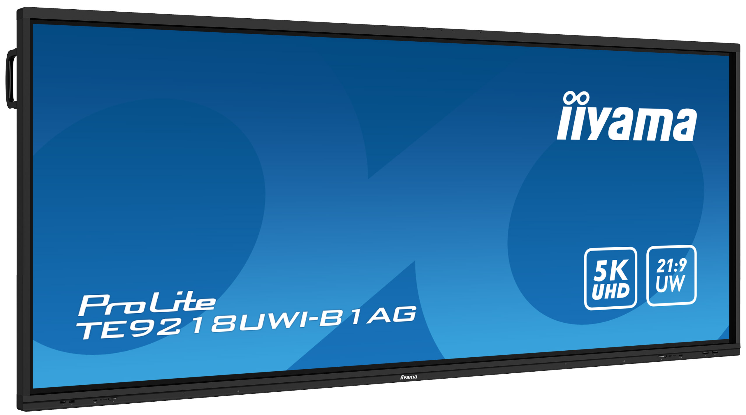 A large blue screen TV with the iiyama logo, and ProLite branding. It also shows 5K and UW.