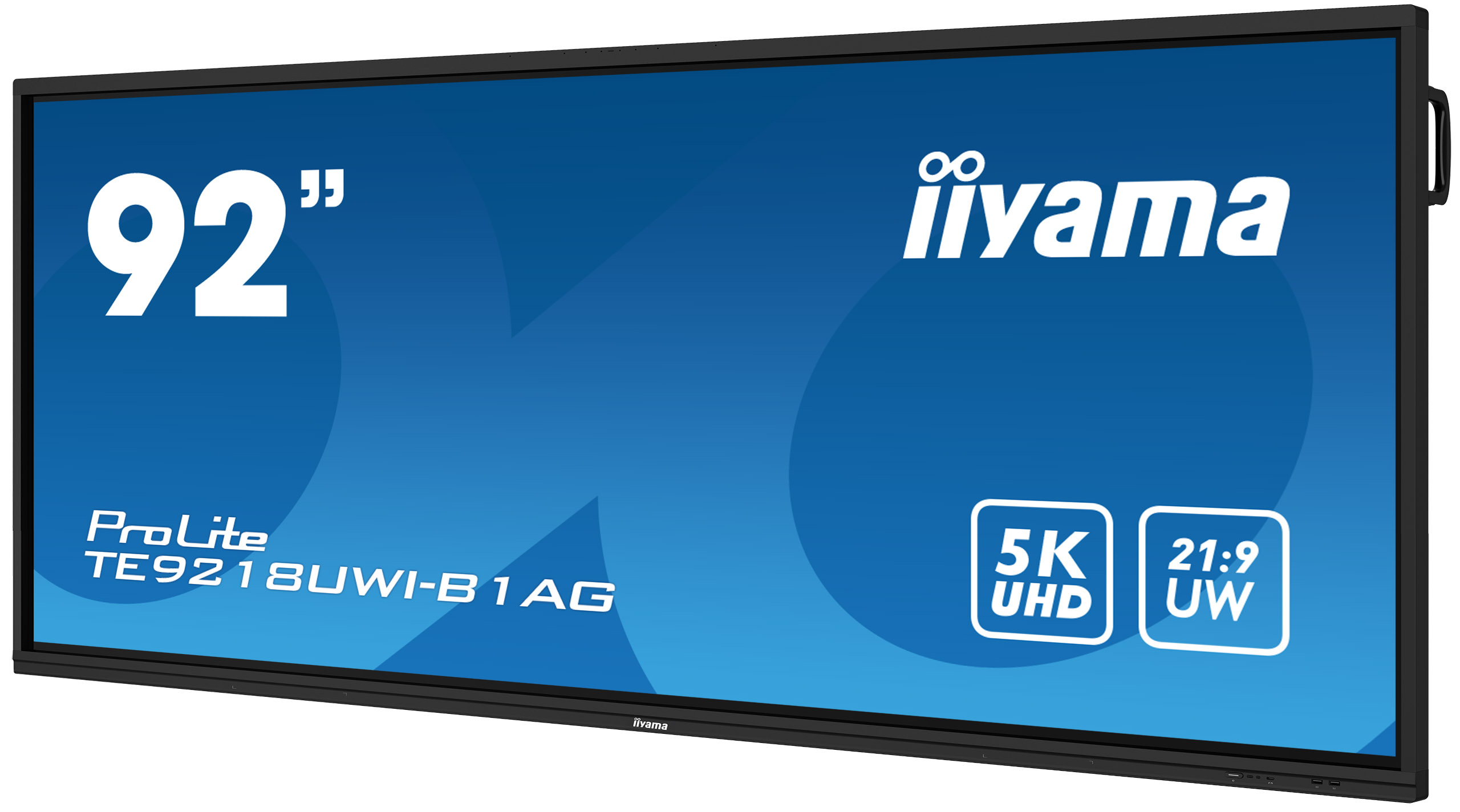 A large blue screen TV with the iiyama logo, and ProLite branding. It also shows 92" and other details.