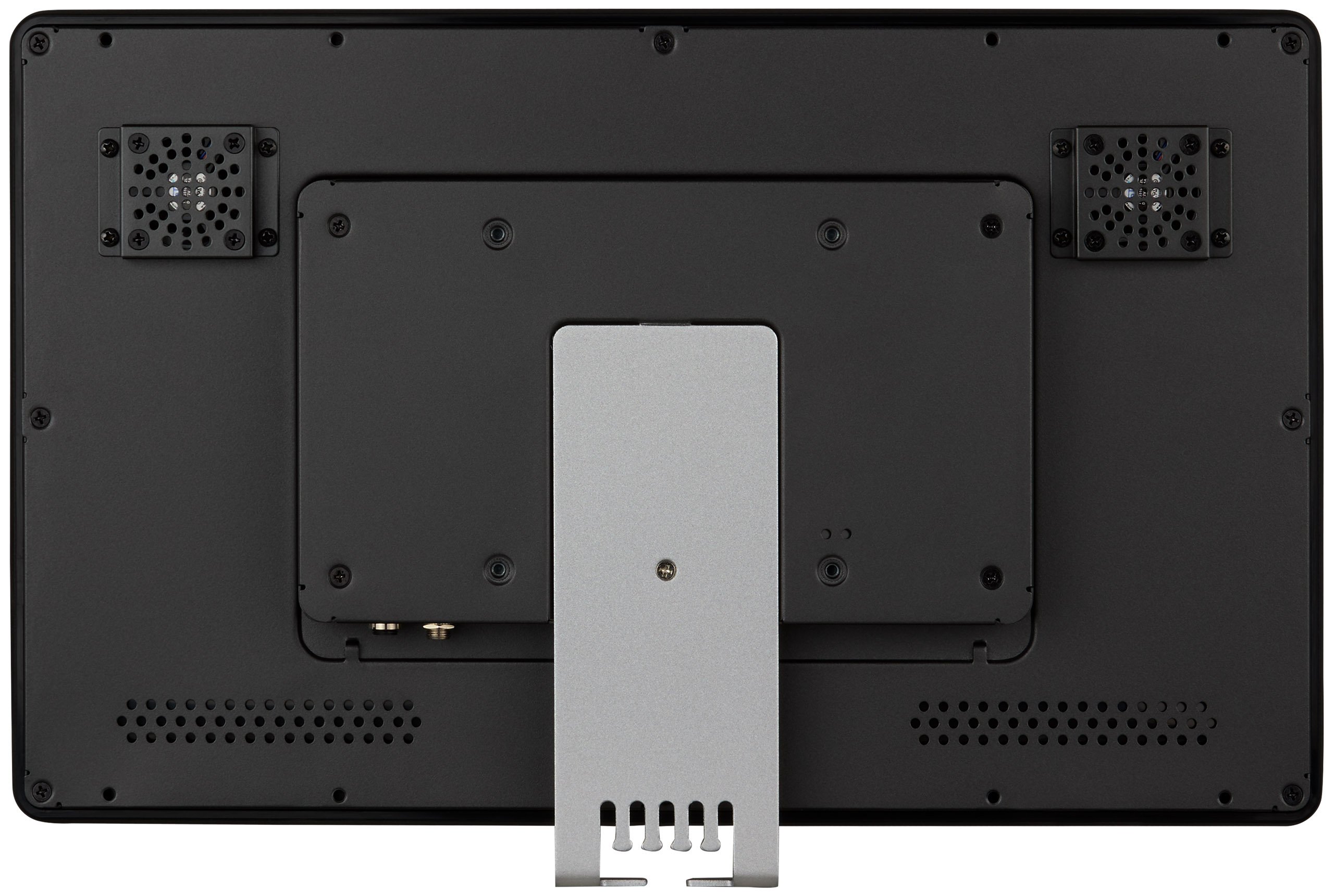 Tył czarnego monitora komputera. Srebrny stojak. Kratki wentylacyjne. Wiele mocowań śrubowych. Widoczne porty.