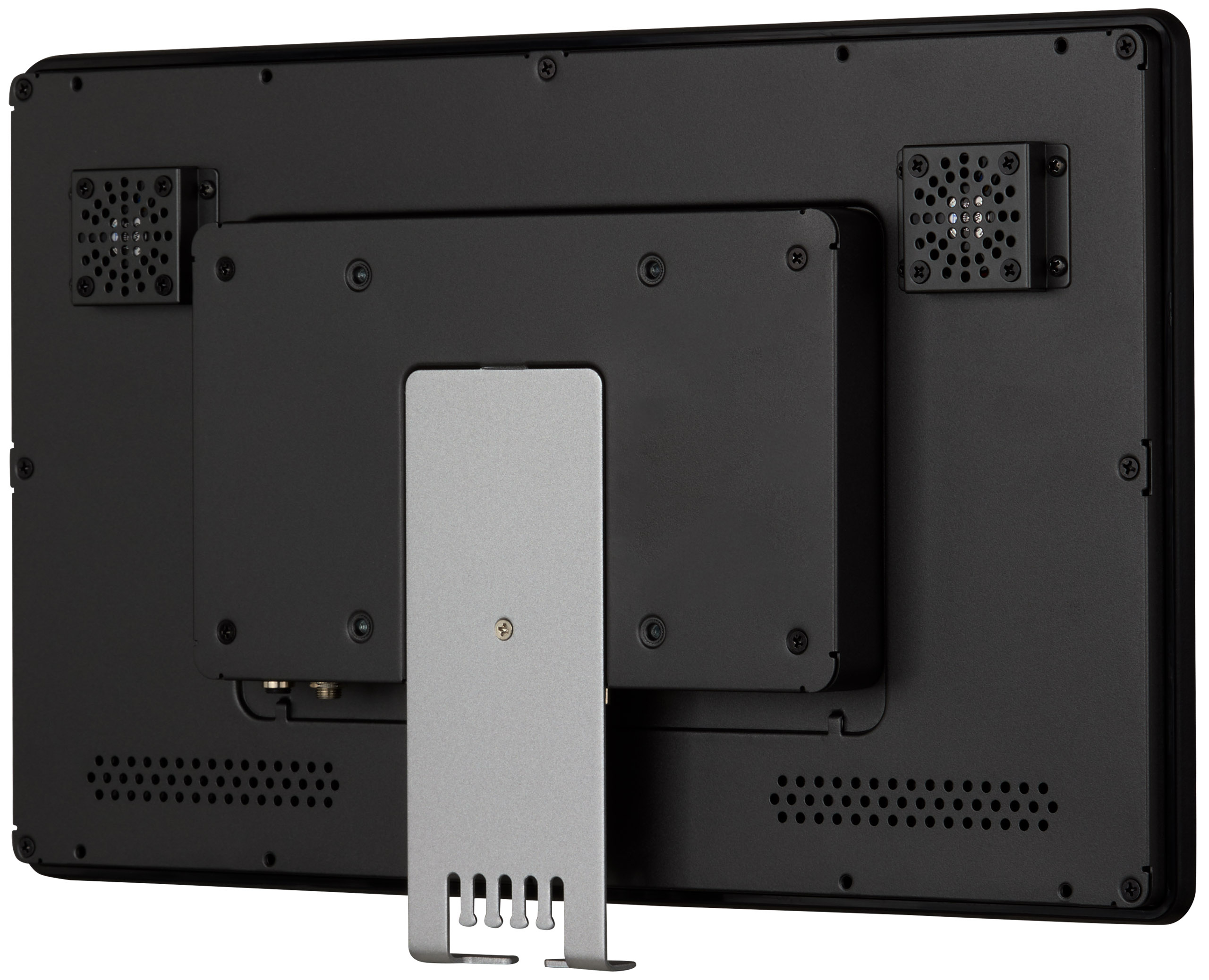 Tył czarnego monitora z otworami wentylacyjnymi, stojakiem i portami, na białym tle.