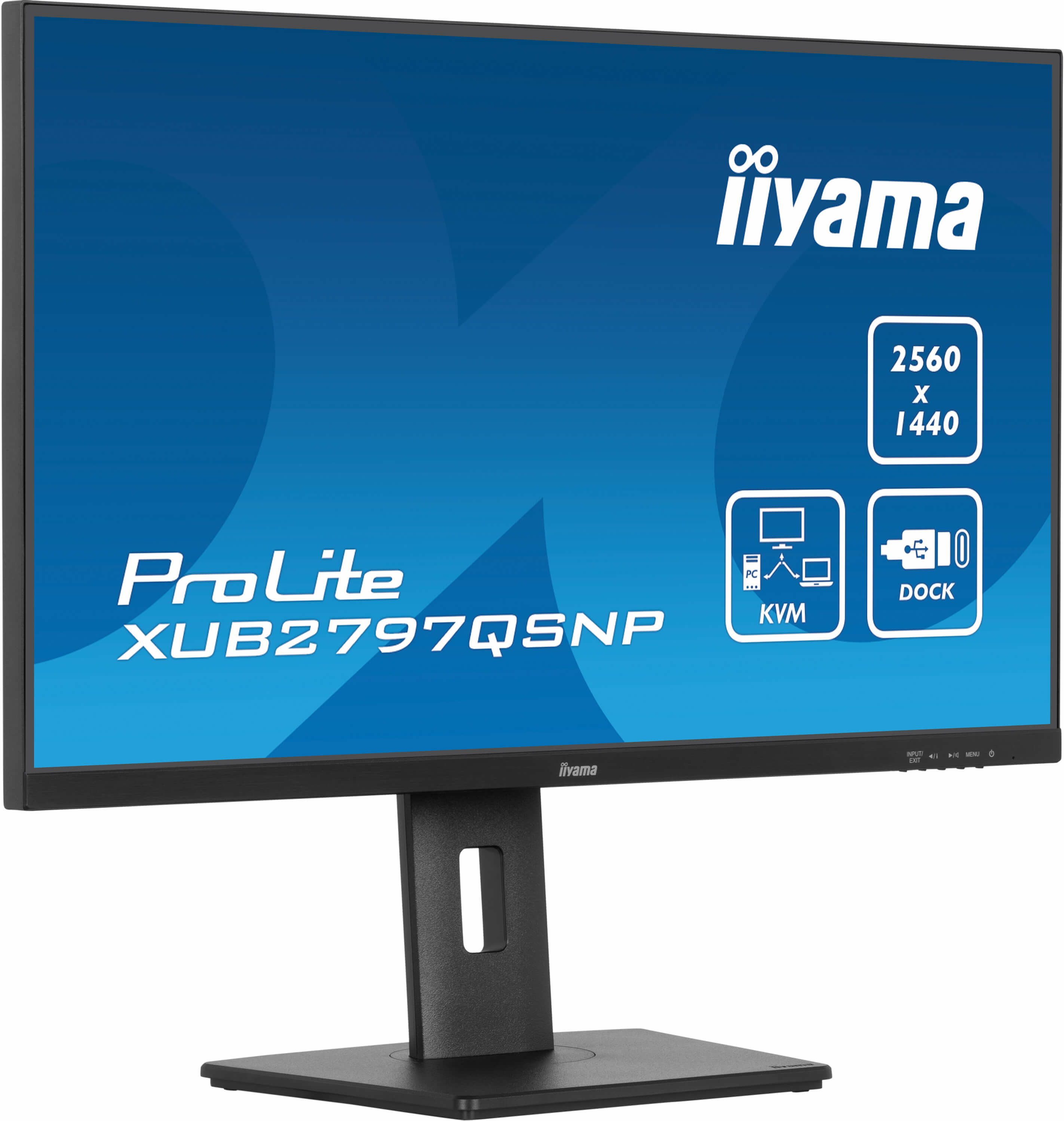 Un moniteur noir avec support. Logo iiyama et informations sur le modèle à l'écran.