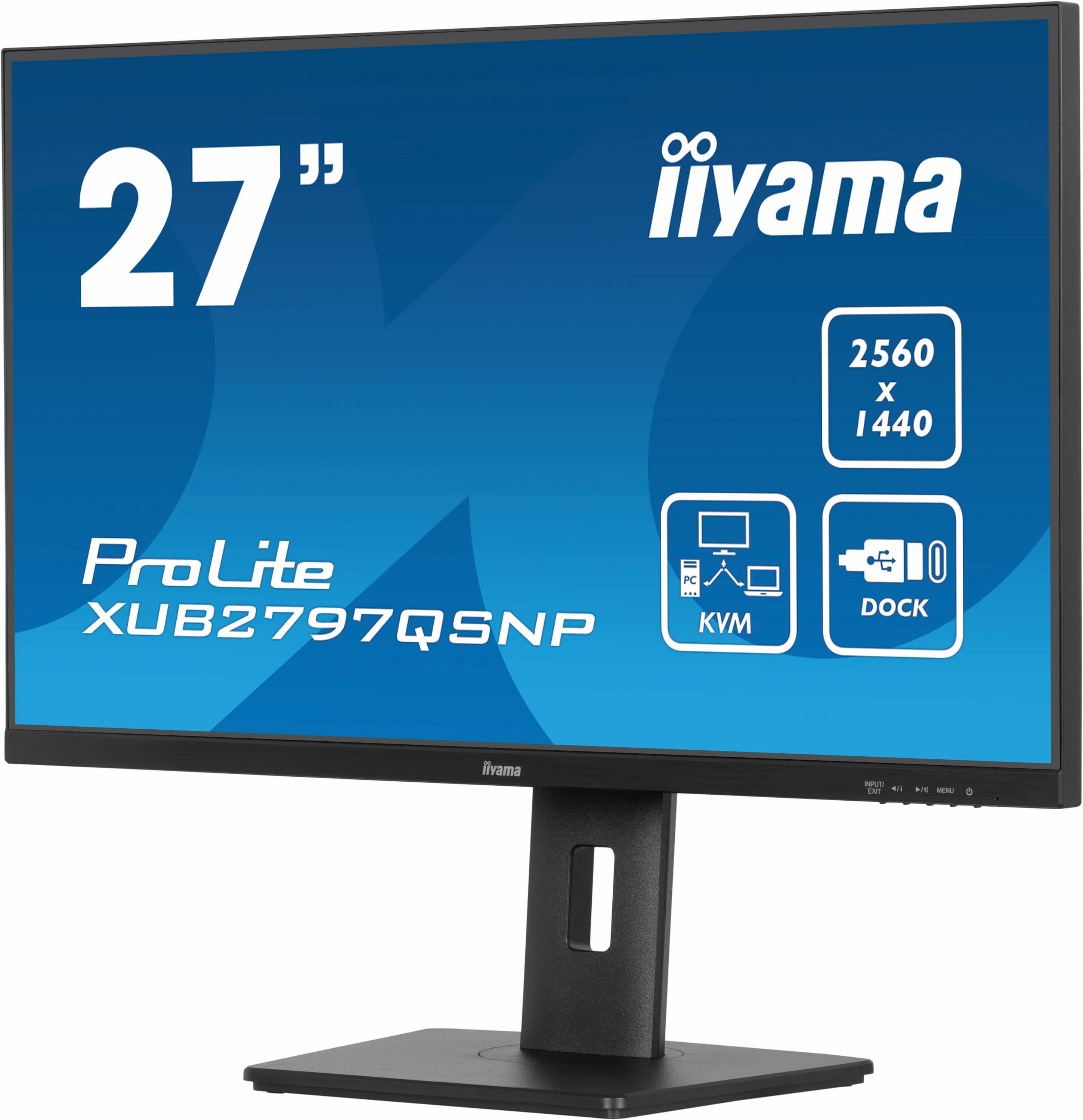 Moniteur iiyama ProLite 27 pouces avec cadre noir affichant du texte et des icônes.