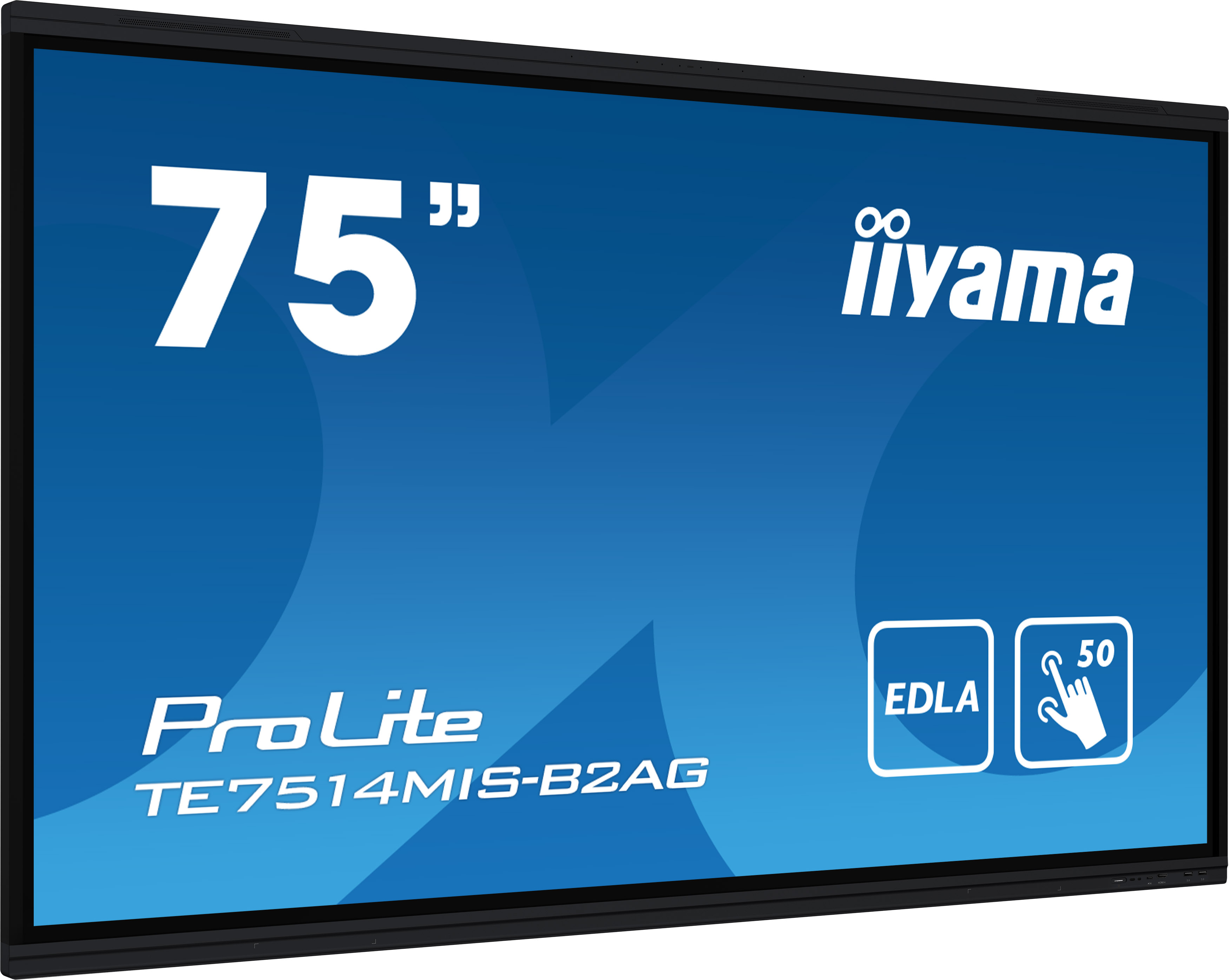 A large blue screen TV with the iiyama logo, and ProLite branding. It also shows 75" and other details.